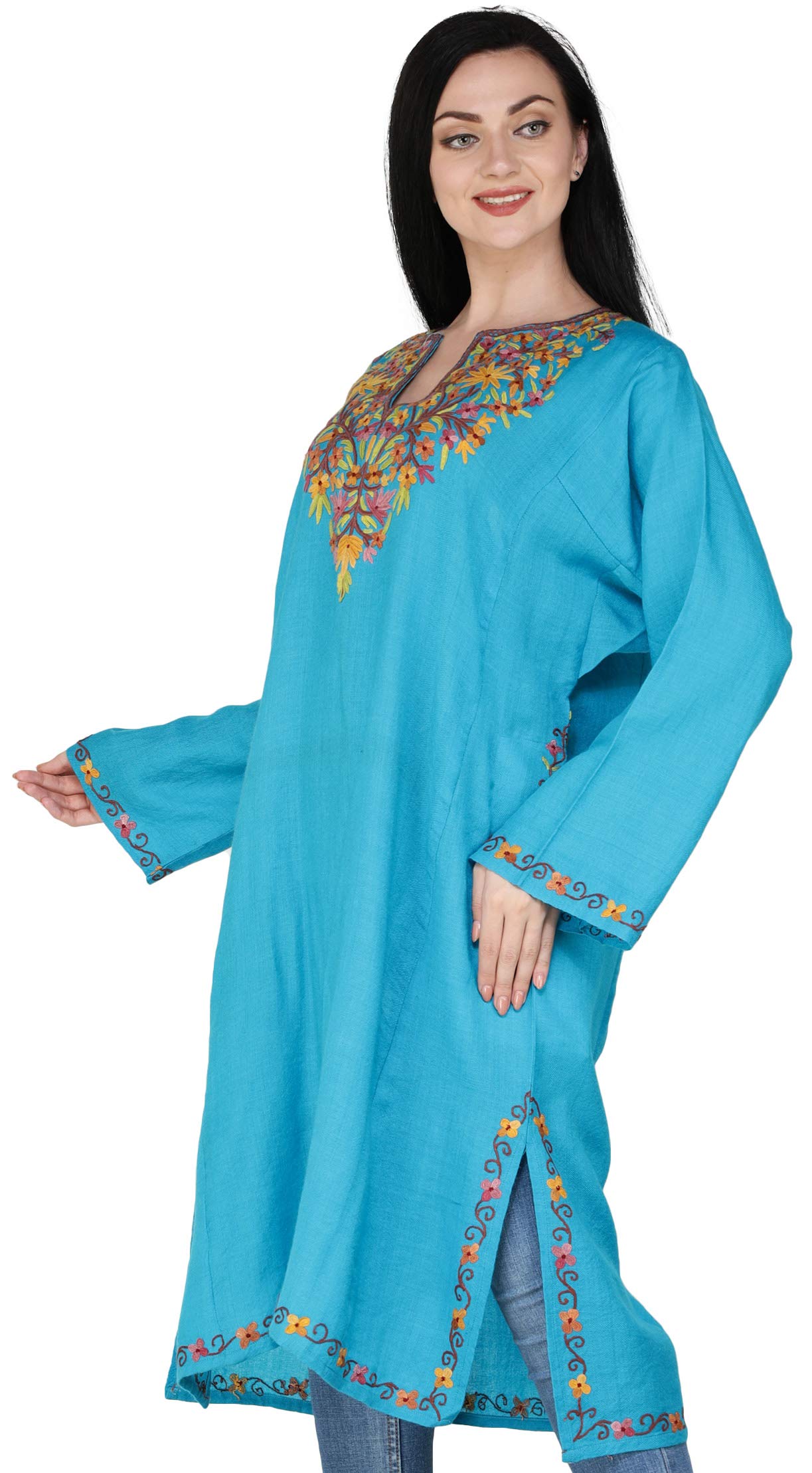 Hand-Embroidered Kashmiri Wool Phiran Shawl with Ari Neck Design - Winter Wear for Women, Perfect for Festivals, Weddings & Cold Weather Fashion