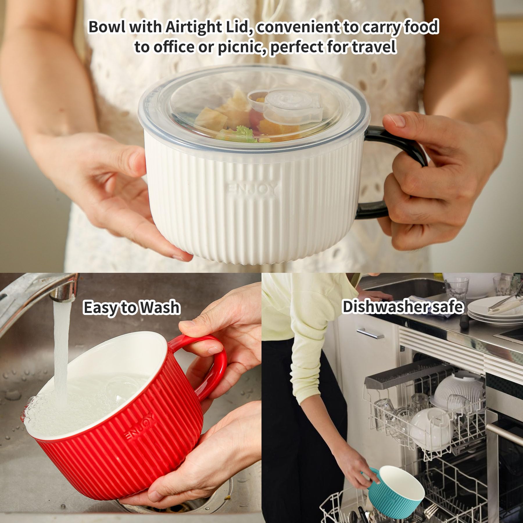Ceramic Soup Bowl with Lid - Large Microwave Safe Soup Mug with Handle & Airtight Cover - Perfect for Cereal, Salad, Ramen, Instant Noodles - Ideal for Home, Office & Dorm Use (Turquoise)