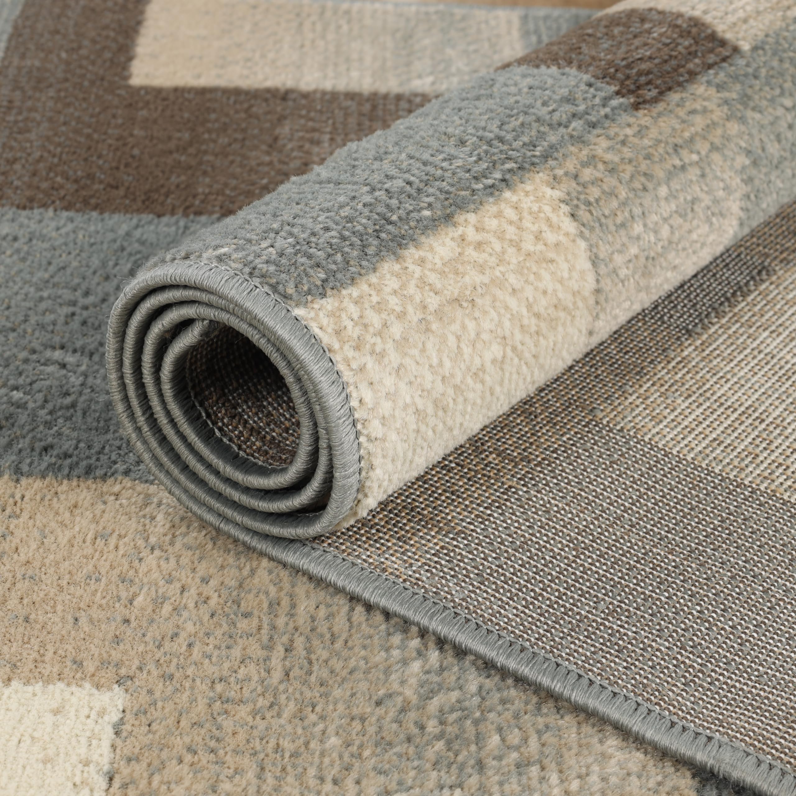 Premium Modern Geometric Tile Pattern Indoor Area Rug - Washable, Non-Slip Jute Backing for Living Room, Bedroom, Office - Clifton Multi Collection (Grey Brown, 2'7