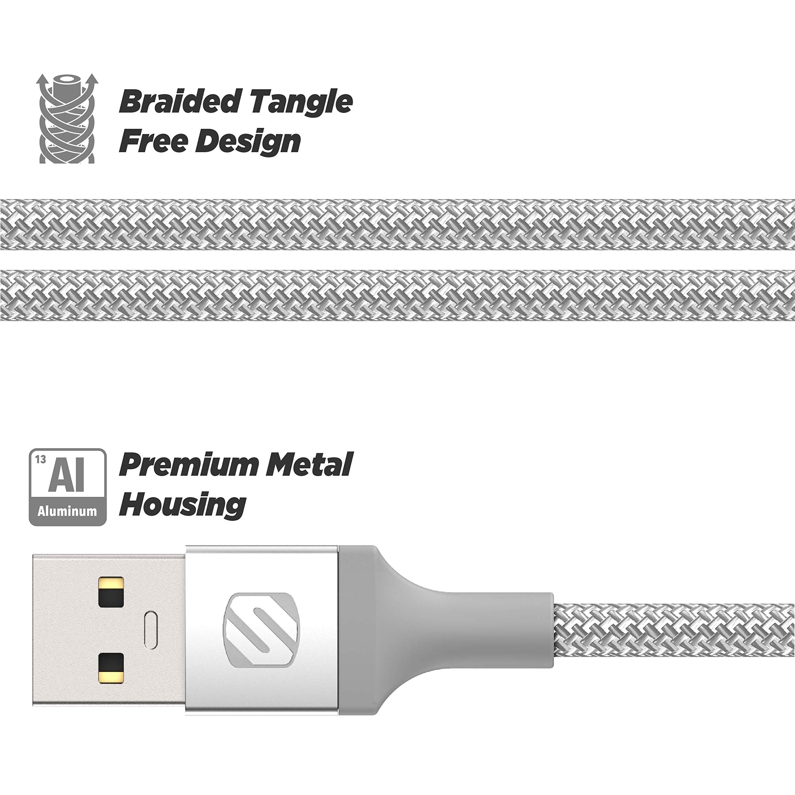 Scosche I3B4SR STRIKELINE Premium MFi Certified Lightning Cable - 4ft Braided Charging & Sync Cable for iPhone 14/13/12/11/X/8 & More - Silver | Fast Charging for Home, Office & Travel