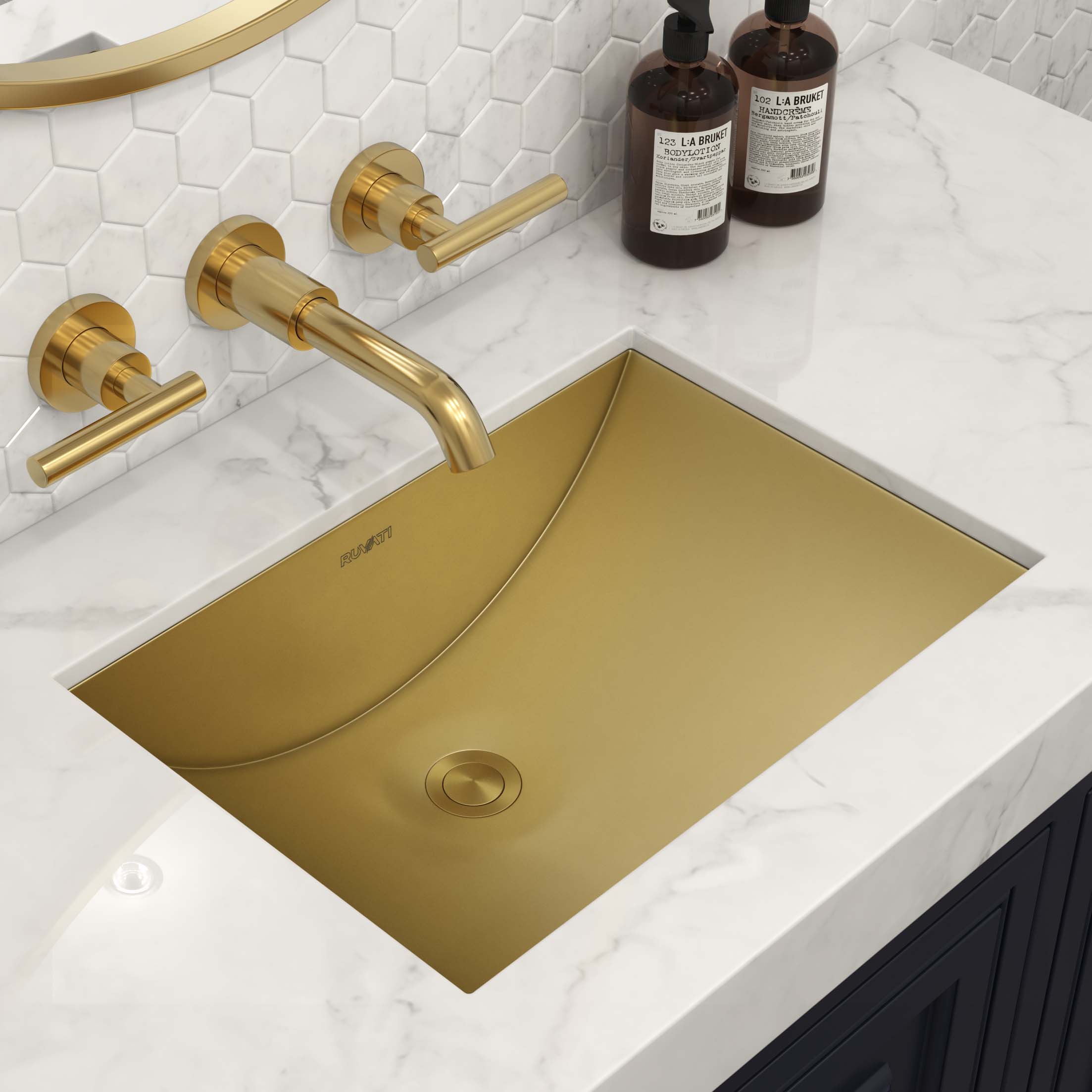 16 x 11 Inch Brushed Gold Rectangular Undermount Bathroom Sink - Polished Brass Vanity Sink for Modern & Luxury Bathrooms, Powder Rooms & Guest Baths