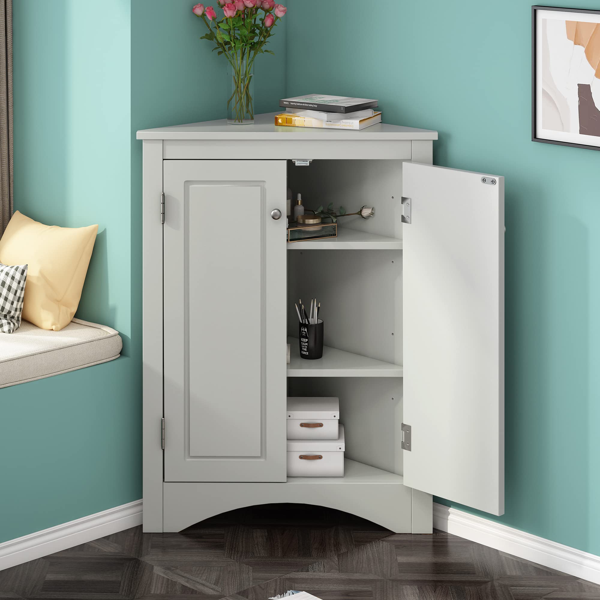 Merax Corner Storage Cabinet - Wood Bathroom Cabinet with 2 Doors & Open Shelves, Easy to Assemble Floor Cabinet for Bathroom, Bedroom, or Living Room Organization