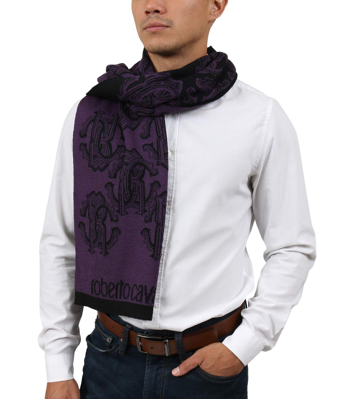 Roberto Cavalli ESZ028 03000 Purple Wool Blend Logo Scarf for Men - Luxury Winter Fashion Accessory for Business & Casual Outfits