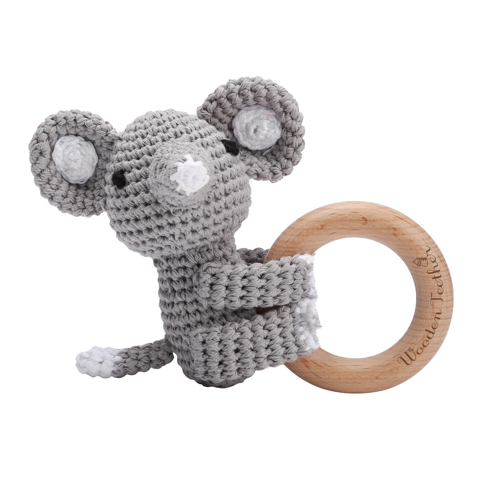 Organic Wooden Teether & Crochet Baby Rattle Toy - Handmade Gray Elephant Stuffed Animal Gift for Newborns | Safe Chewing Toy for Teething Babies, Infant Sensory Play & Baby Shower Gifts