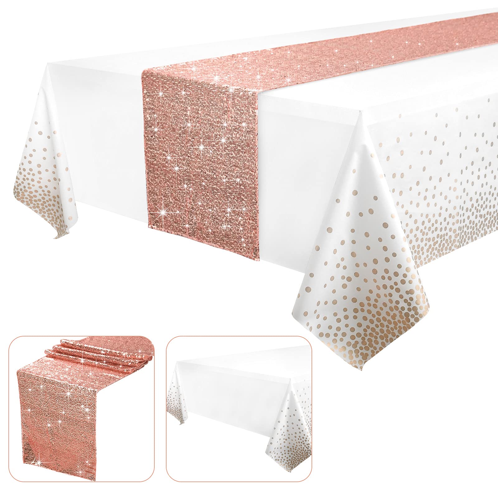 Senneny Rose Gold Sequin Table Runner & Plastic Tablecloth Set - Elegant Party Decor for Weddings, Anniversaries, Christmas & Special Events - Waterproof & Glittering Table Cover for Banquets, Holiday Celebrations & Home Decor