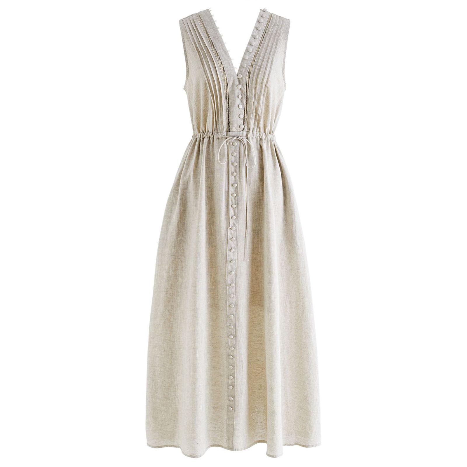 CHICWISH Women's V-Neck Sleeveless Linen Midi Dress with Side Pockets - Casual Beach Summer Vacation Dress for Women | Perfect for Travel, Brunch & Outdoor Events