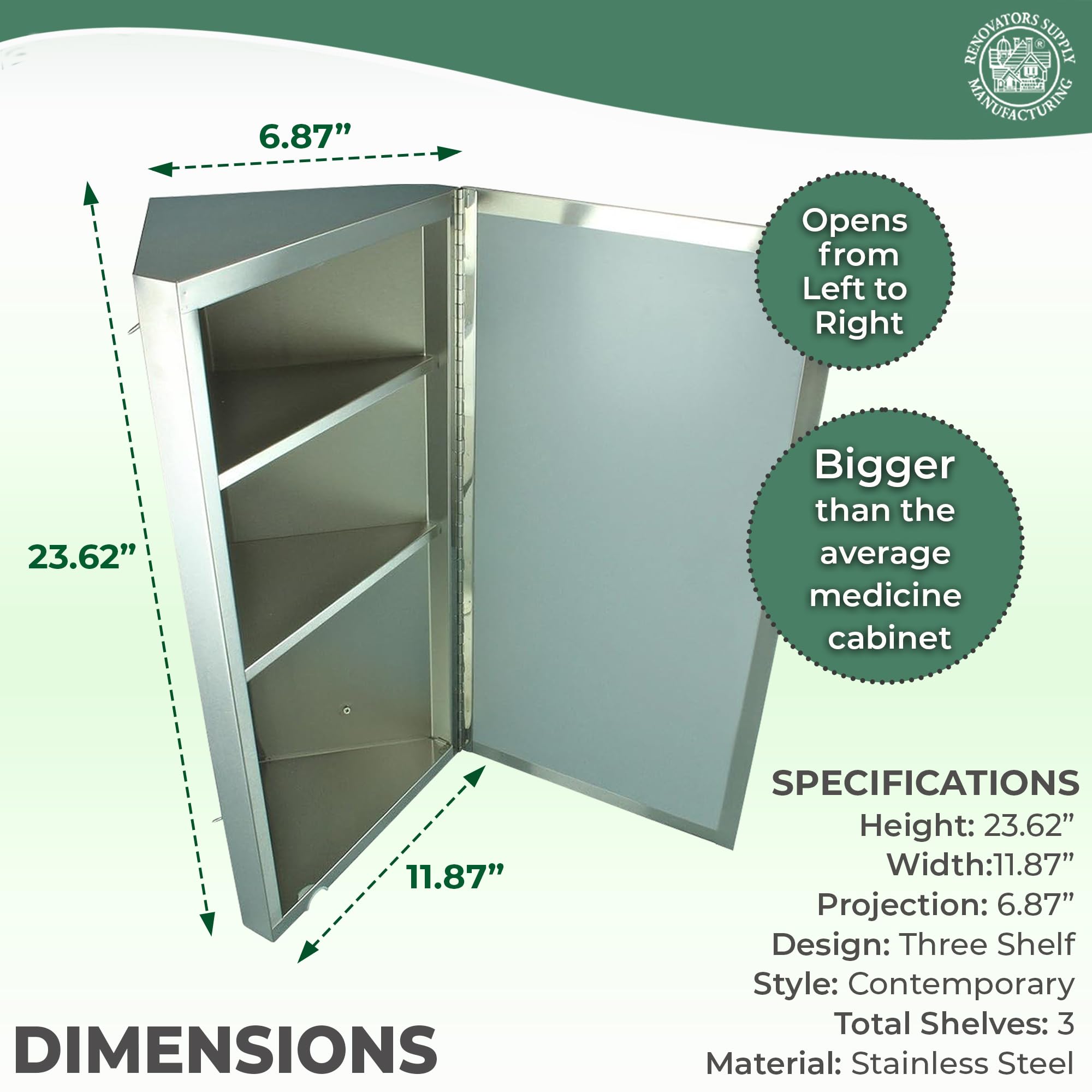 Renovators Supply Infinity Corner Medicine Cabinet with Mirror - Triple Shelf Storage, Modern Wall Mount Bathroom Cabinet - 23.6 Inch Left Open Brushed Stainless Steel (Pack of 1) - Perfect for Small Bathrooms, Vanities & Space-Saving Storage Solutions