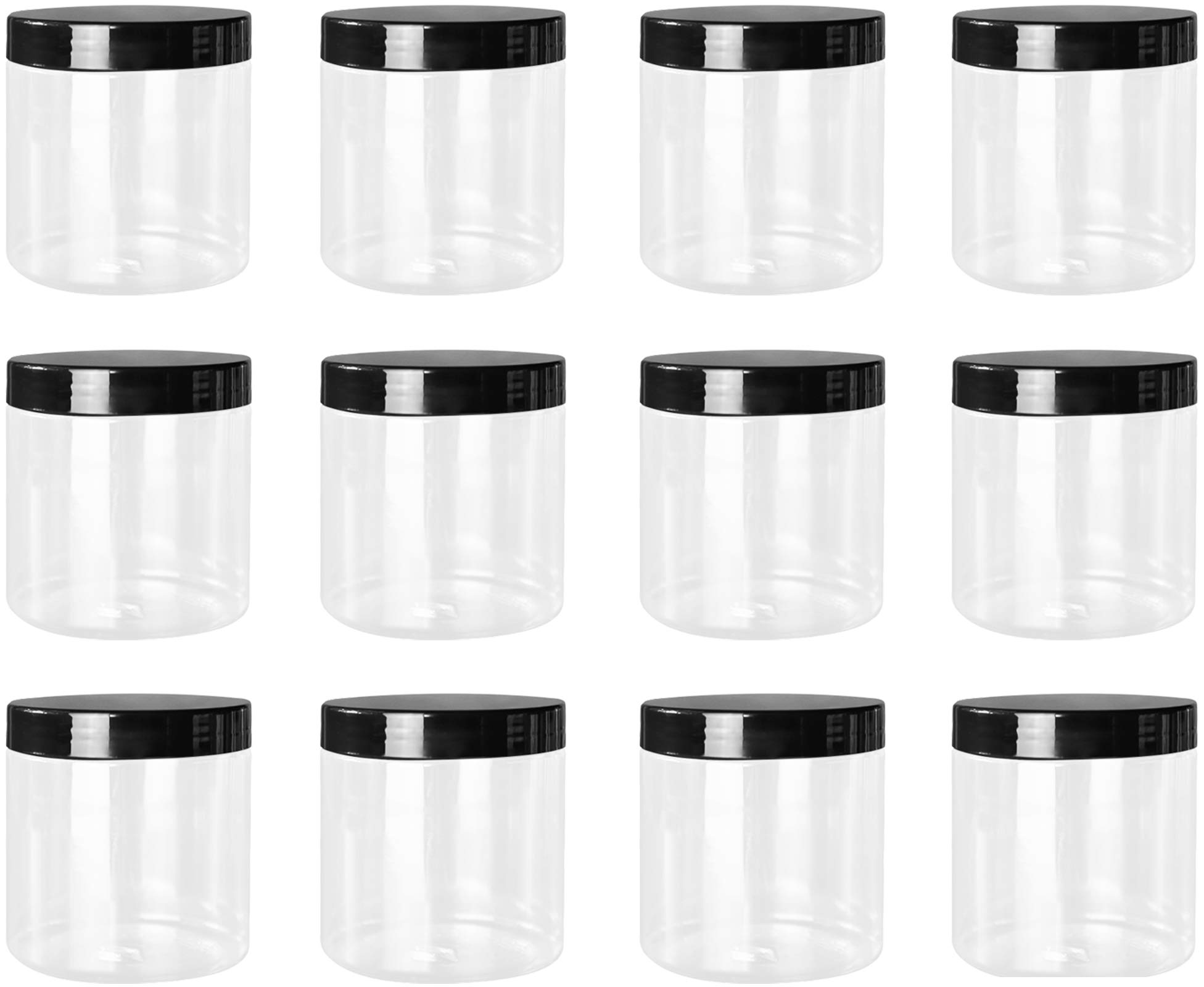 Lawei 12 Pack 16 Oz Clear Plastic Jars with Black Screw Lids - Airtight PET Food Storage Containers for Dry Food, Spices, Nuts, Candy & Honey - Perfect for Kitchen Pantry Organization & Bulk Food Storage