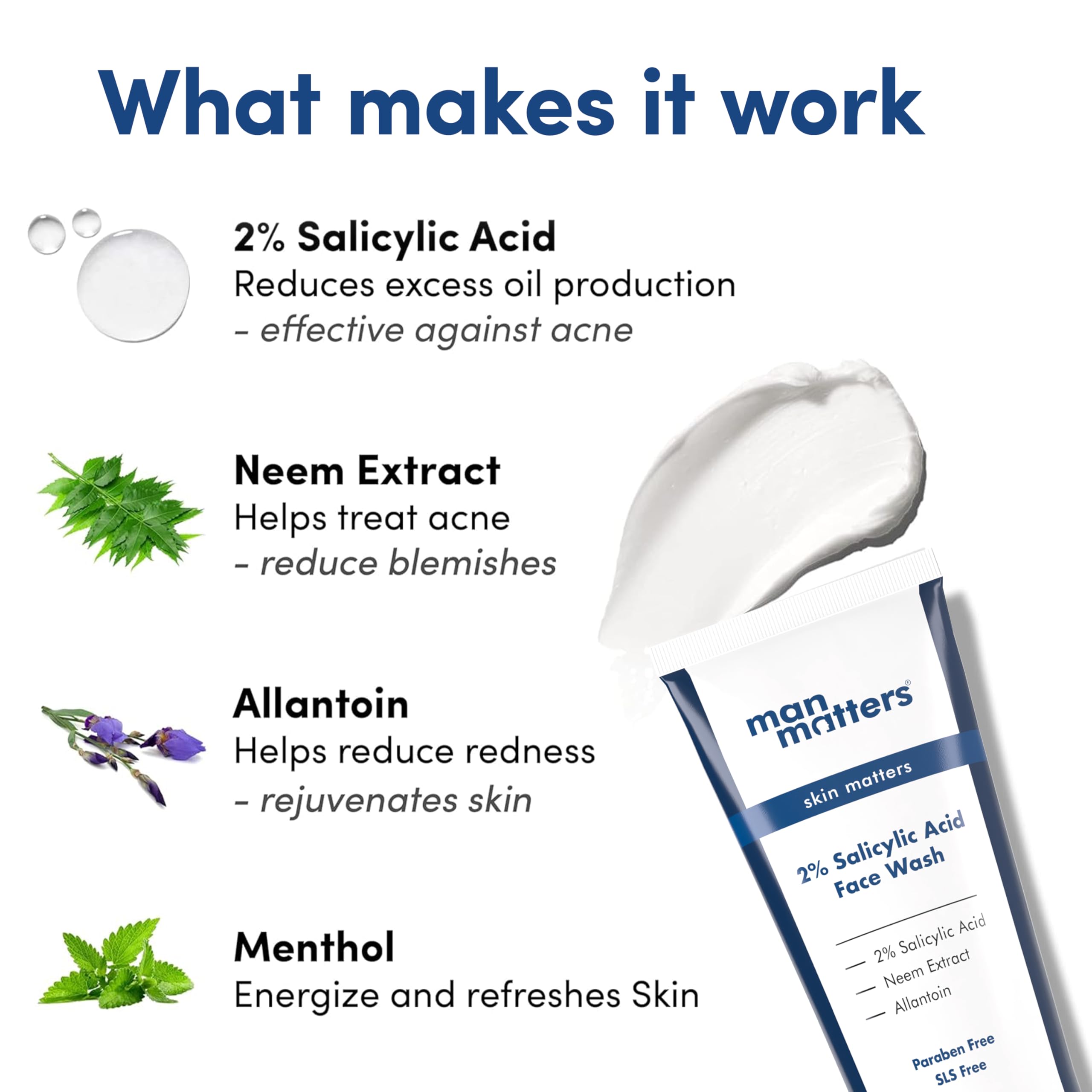 Man Matters Clear 2% Salicylic Acid Face Wash for Men - Acne Treatment, Dark Spot Remover & Oil Control | With Salicylic Acid, Neem Extract & Menthol | 100ml | Daily Skincare for Oily & Acne-Prone Skin