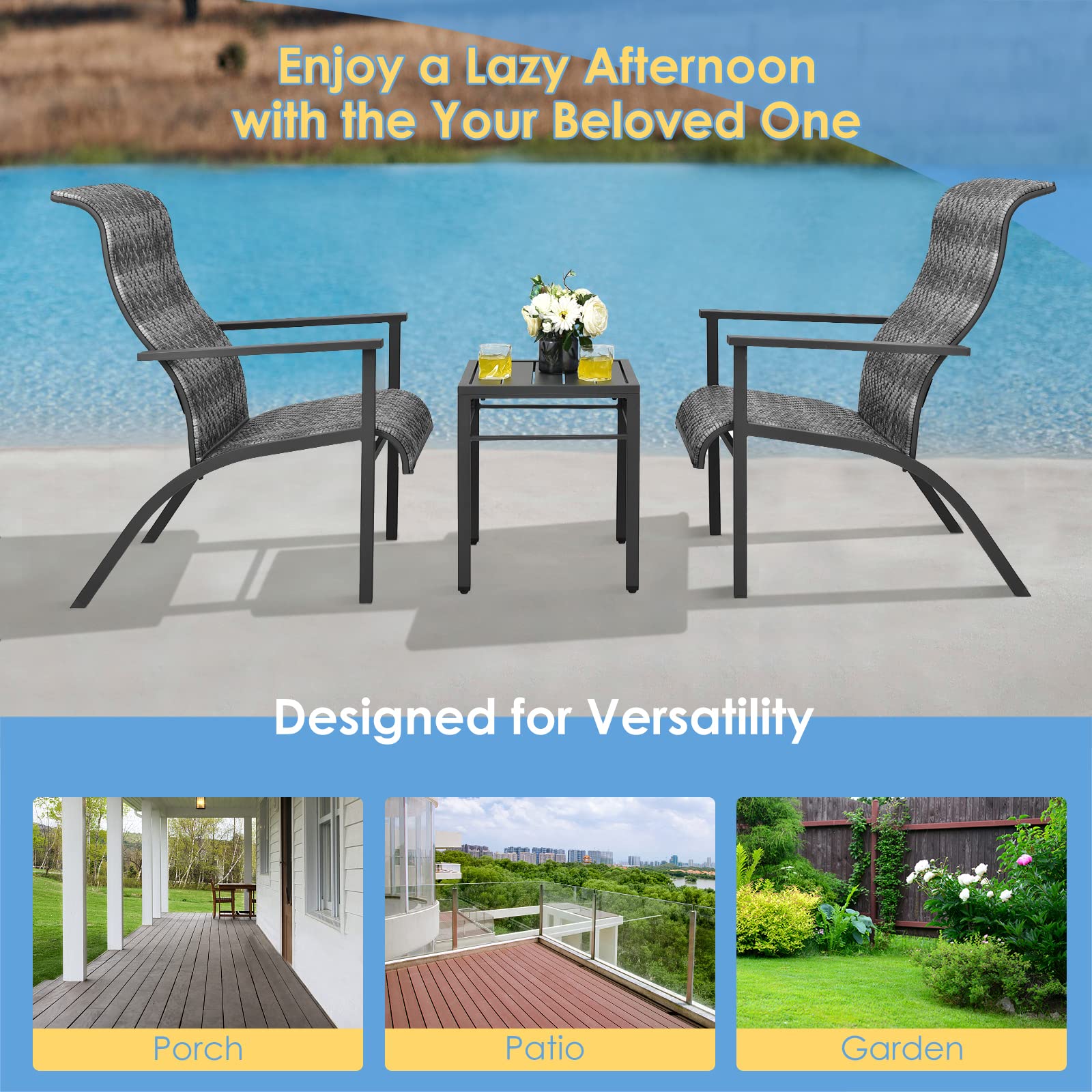 Tangkula 3-Piece Patio Bistro Set - PE Rattan Chairs & Coffee Table, Outdoor Conversation Furniture with High Backrest & Rust-Resistant Steel Frame - Perfect for Patio, Garden, Poolside, Backyard & Balcony (Mix Gray) | Ideal for Relaxing, Entertaining & Outdoor Dining
