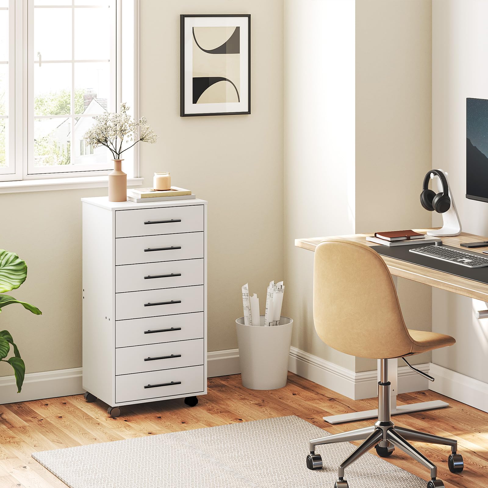 HOOBRO 7-Drawer Storage Cabinet, White Wooden File Organizer with Easy Assembly for Home Office, Study & Workspace - Perfect for Document Storage & Office Supplies Organization WT07WJ01