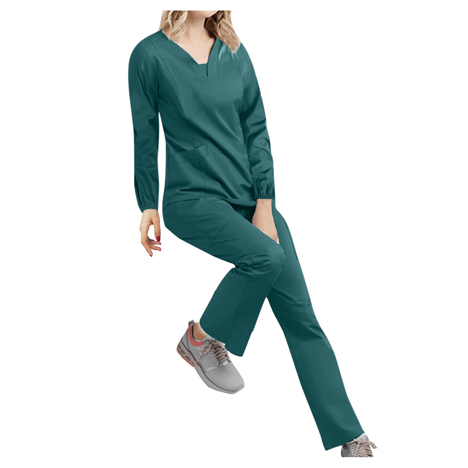 Women's Two-Piece Workwear Set - Long Sleeve V-Neck Pocket Top & Solid Color Pants - Professional Office Outfit (Green, Size S) | Business Casual, Nursing Uniform & Service Industry Attire