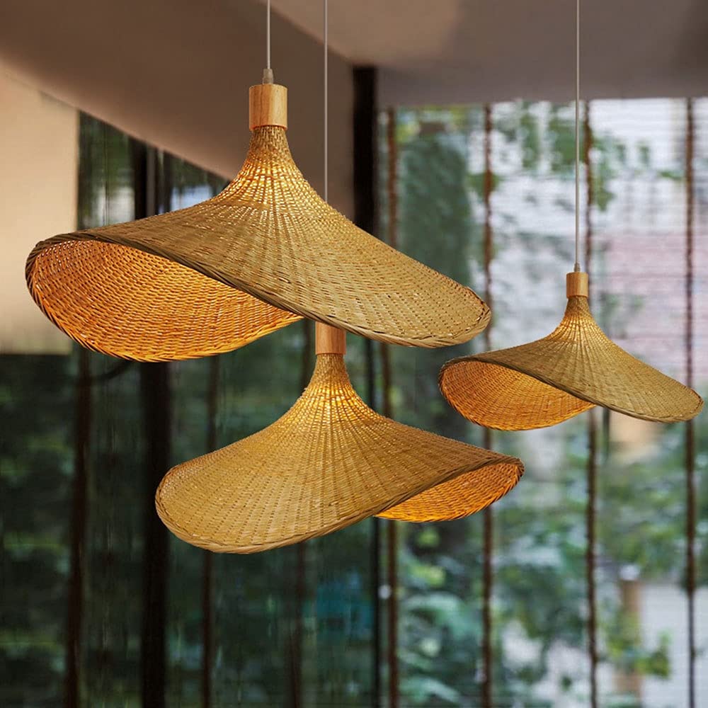 Handmade Bamboo Rattan Chandelier - Adjustable Cord Ceiling Pendant Light Fixture E26 Base | Nordic Wicker Lamp for Living Room, Bedroom, Staircase & Porch Lighting | Chinese-Style Natural Fiber Straw Hat Design