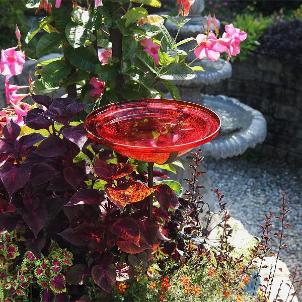 Red Crackle Glass Birdbath Bowl - Durable Outdoor Garden Decor for Birds - Perfect for Backyard, Patio & Wildlife Habitat