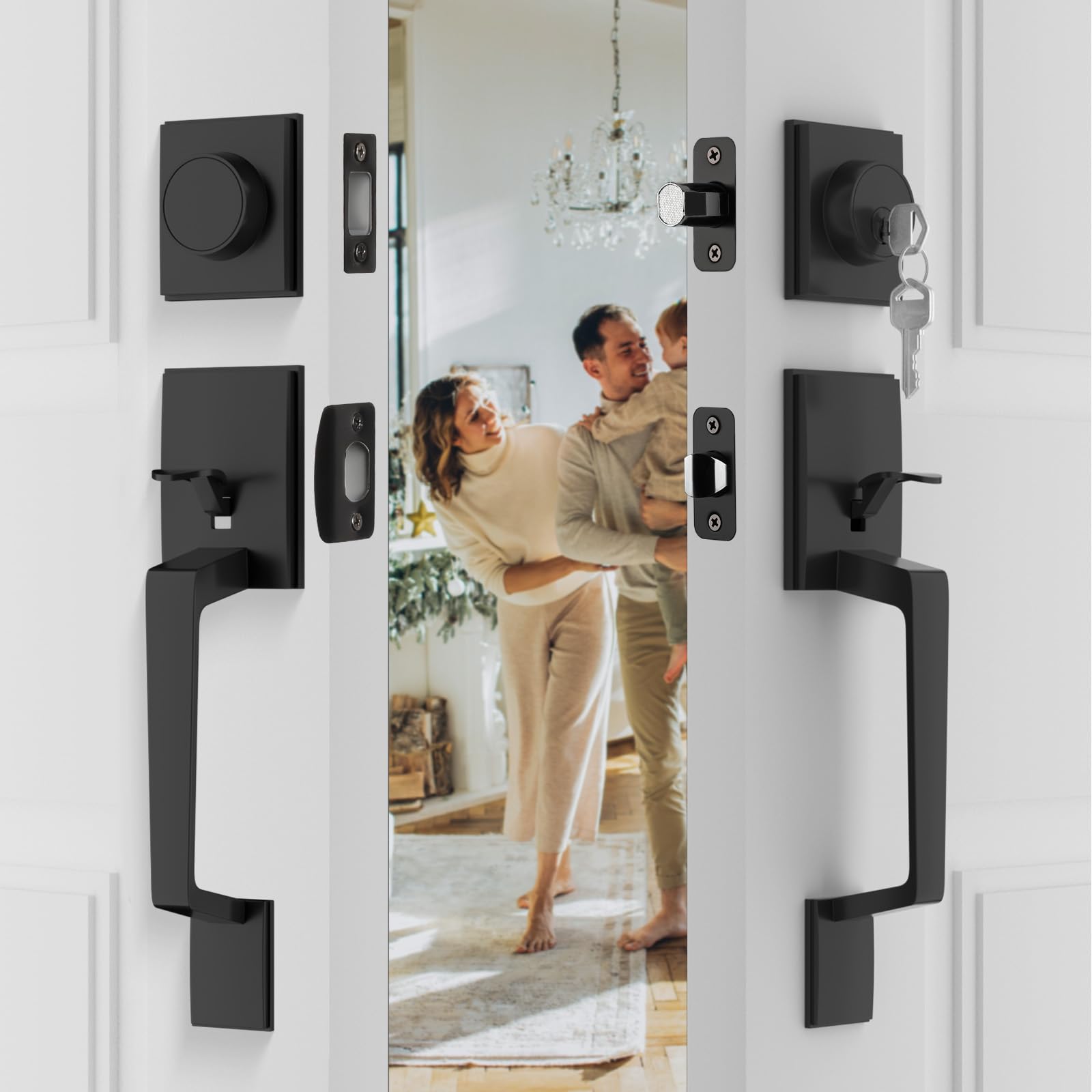 Premium Matte Black Double Door Lock Set - Heavy Duty Front Door Handle with Reversible Lever & Dummy for Enhanced Security | Ideal for Homes, Offices & Commercial Buildings