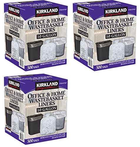 Kirkland Signature 10 Gallon Clear Trash Bags, 3 Pack (500 Count) - Heavy Duty Kitchen & Office Wastebasket Liners for Garbage Cans & Recycling Bins