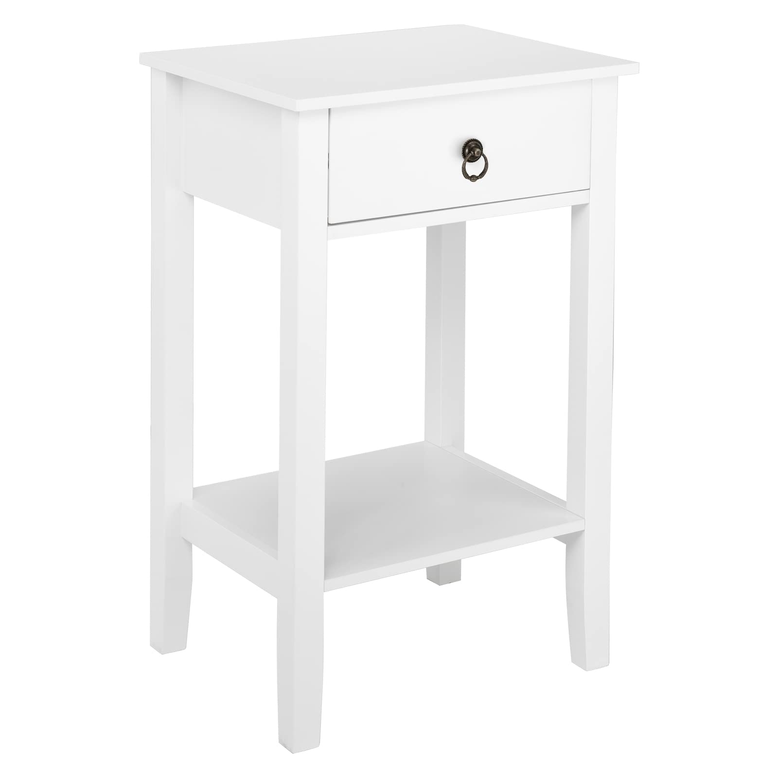 2-Tier White Bedside Table with Drawer - Nightstand, Coffee Table & Entryway Organizer for Bedroom, Dorm, Apartment & Small Spaces
