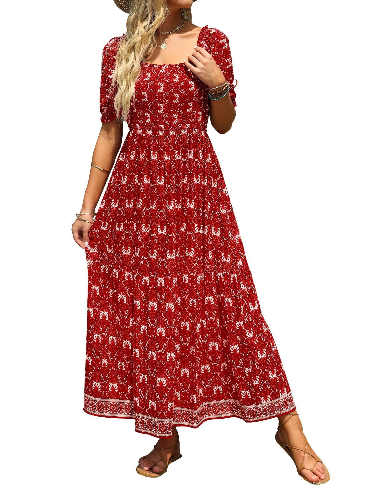 ZESICA Women's 2025 Summer Floral Maxi Dress - Boho Square Neck Ruffle Swing Beach Dress for Vacation, Wedding Guest & Outdoor Parties