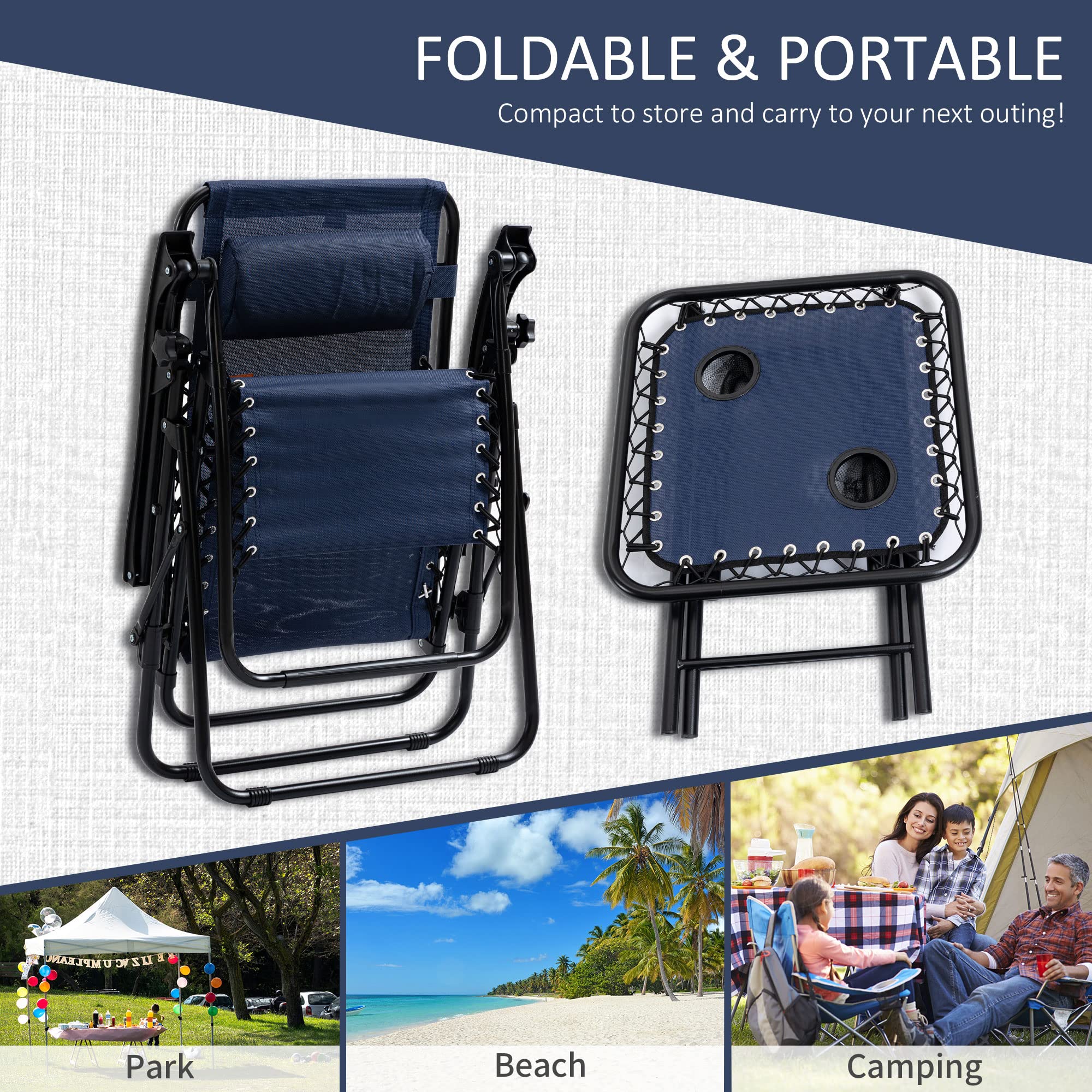 Outsunny Zero Gravity Reclining Lounge Chair Set with Side Table & Cup Holders - Adjustable Folding Outdoor Chair with Pillows for Pool, Backyard, Beach, Patio - Perfect for Relaxing, Sunbathing & Outdoor Lounging