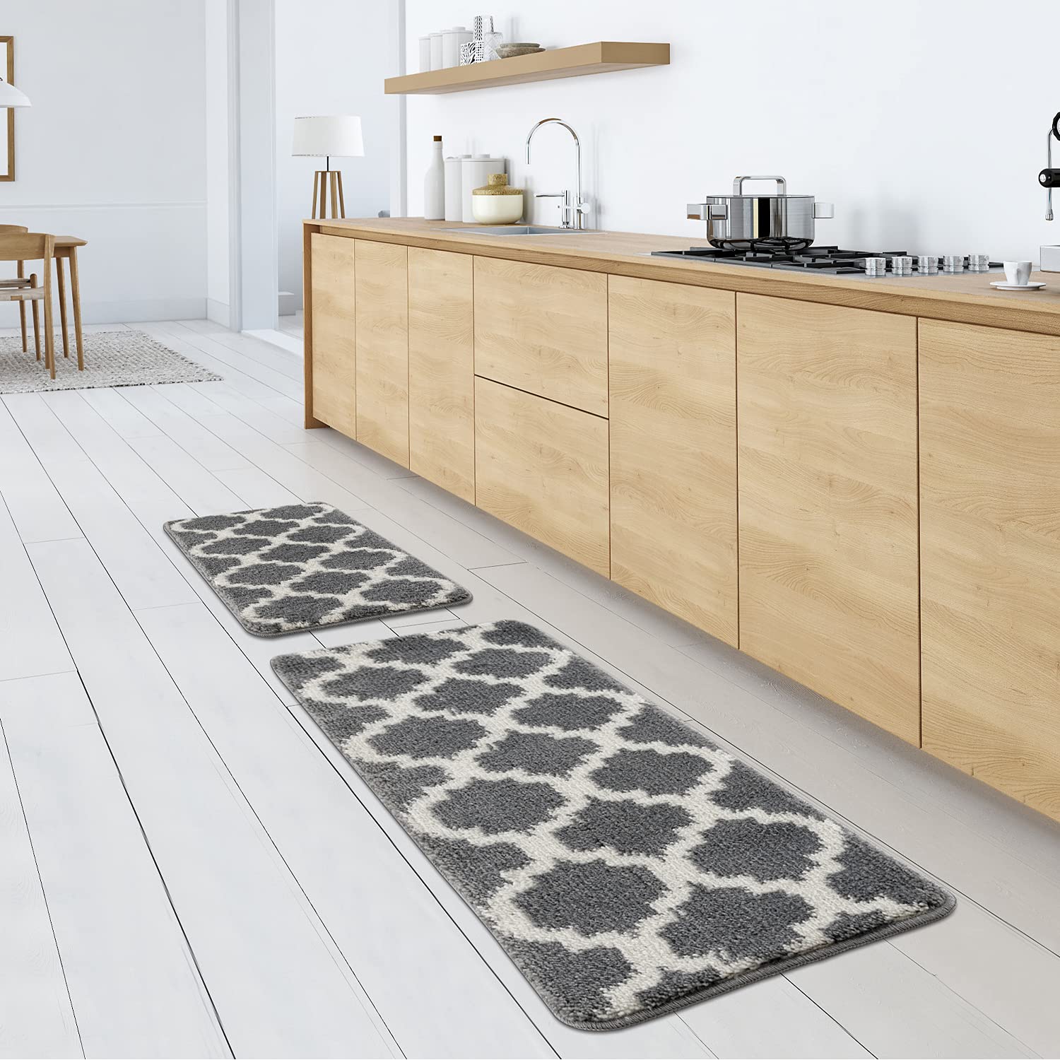 Wunderlin Soft Trellis Non-Slip Washable Kitchen Runner Rugs Set of 2 - Grey, Anti-Skid Floor Mat for Kitchen, Dining Room & High Traffic Areas