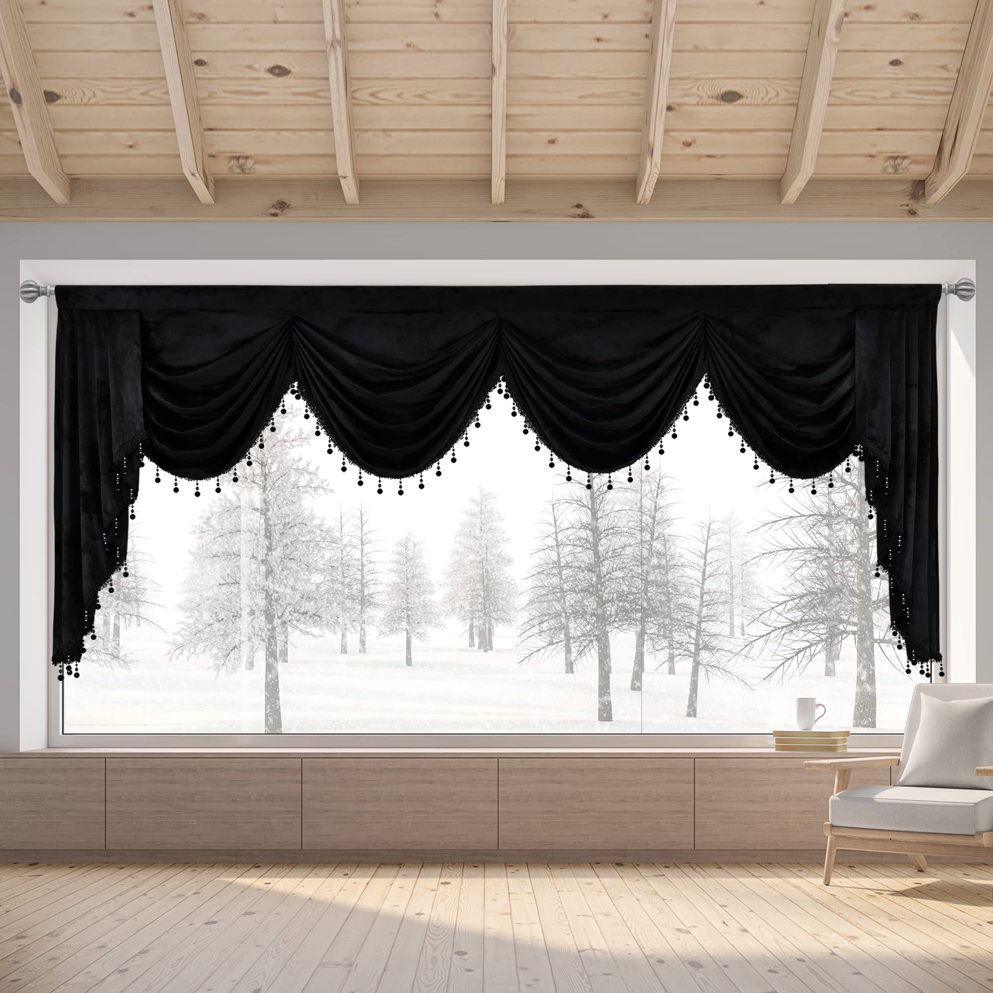 Black Rod Pocket Velvet Window Curtain Valance - 1 Panel Waterfall Valance for Living Room & Bedroom (110