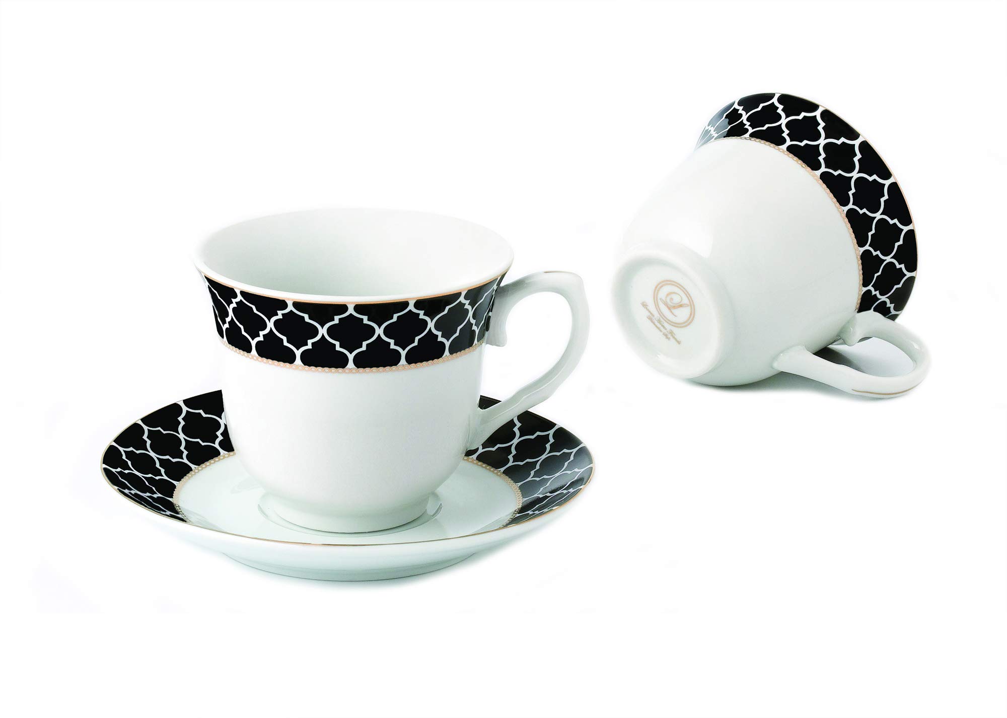 Lorren Home Trends Domino-4 Black Coffee Cups and Saucers Set - Elegant Porcelain Tea Cups for Coffee, Tea, or Espresso - Perfect for Home, Office, or Restaurant Use
