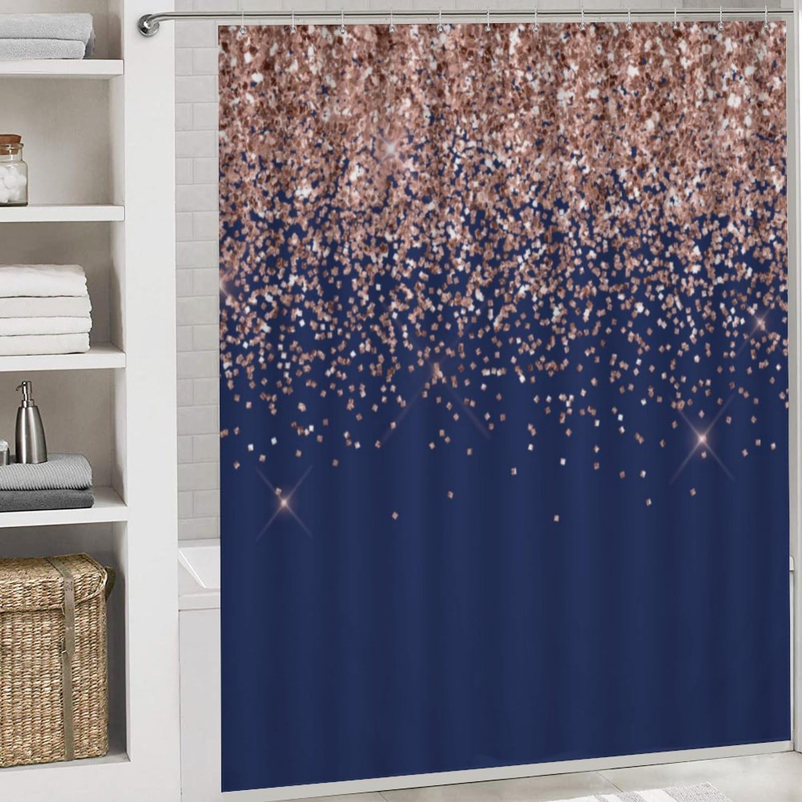 Blush Pink Rose Gold Navy Blue Glitter Shower Curtain Set - 4 Piece Bathroom Decor with Non-Slip U-Shaped Rug & Toilet Cover | Elegant Waterproof Bathroom Accessories for Modern Homes