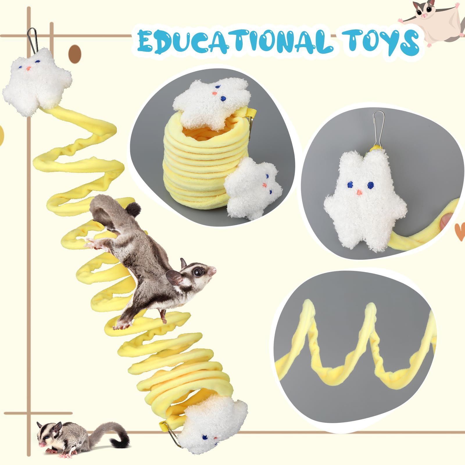 2 Pack Sugar Glider Climbing Toys - Soft Elastic Rat Climbing Mats with Mini Dolls for Small Pets | Cage Enrichment Accessories for Sugar Gliders, Hamsters, Squirrels & Guinea Pigs | Perfect for Playtime & Exercise in Small Animal Habitats