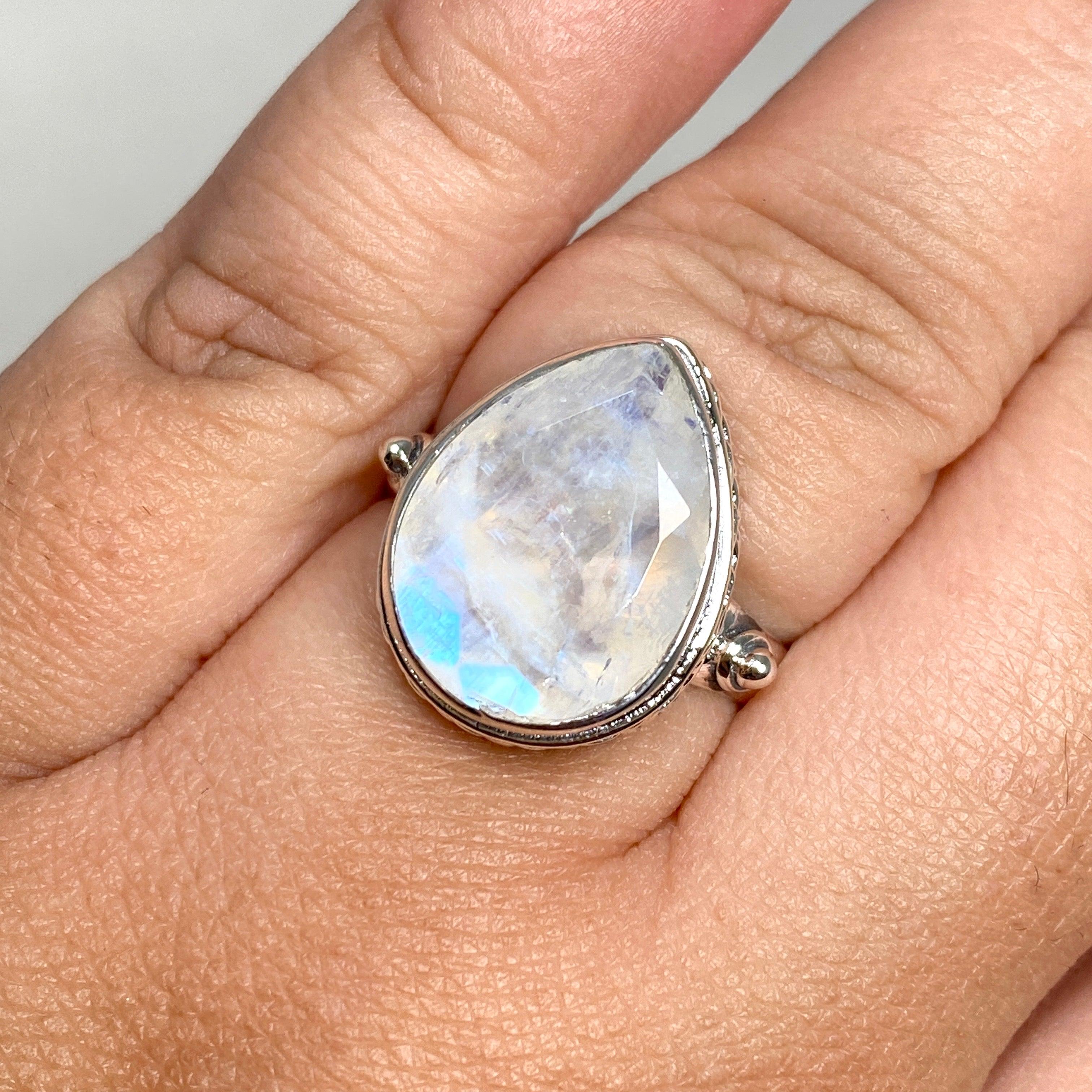 Moonstone Faceted Teardrop Ring in Sterling Silver - Elegant Bohemian Jewelry for Women | Perfect for Weddings, Parties & Everyday Wear R3817