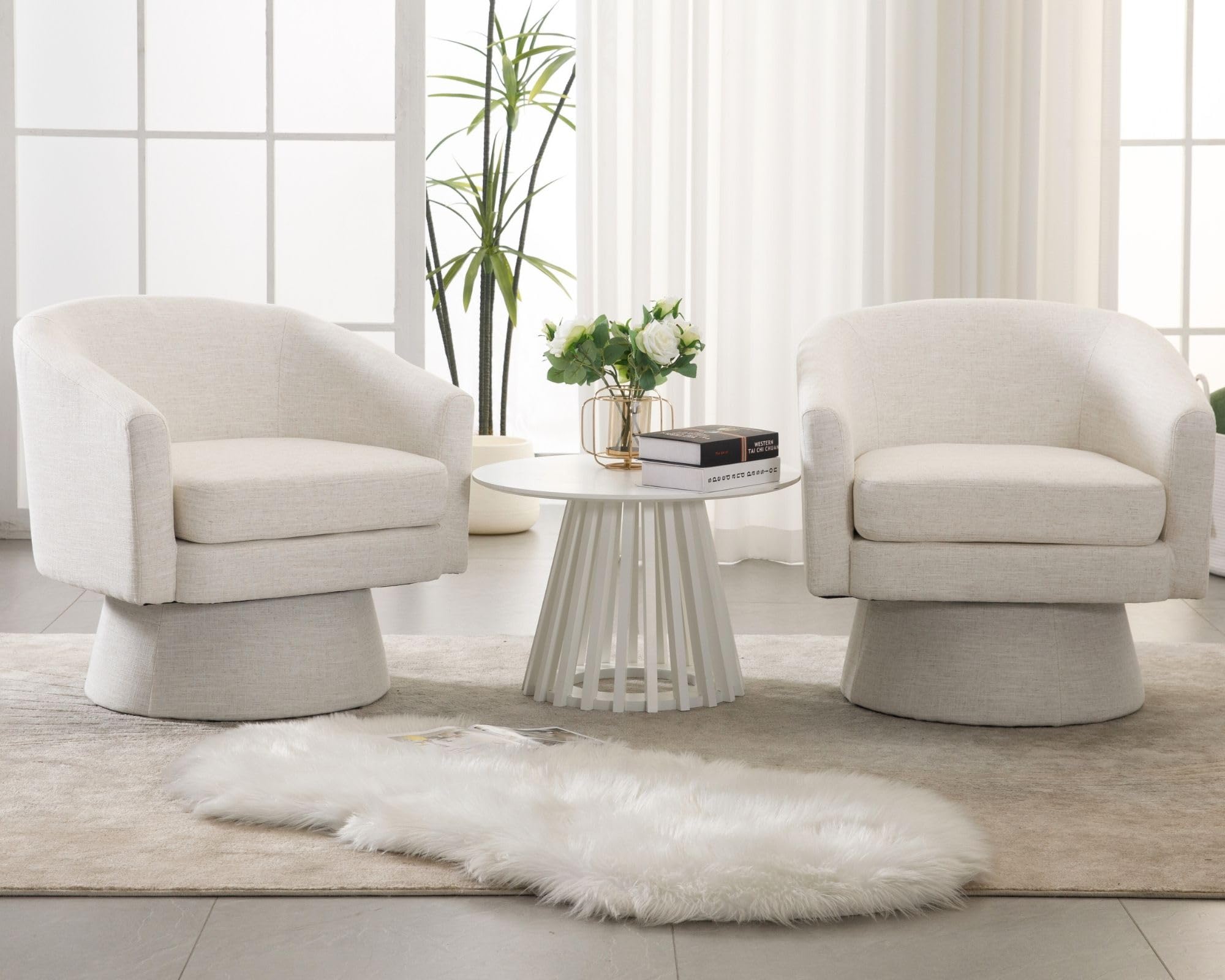 Modern Swivel Beige Accent Chairs Set of 2 - Linen Upholstered Barrel Chairs with Sherpa Back, Cozy Vanity Armchairs for Living Room, Bedroom & Reading Nook - Round Lounge Club Side Chairs for Home Decor & Relaxation