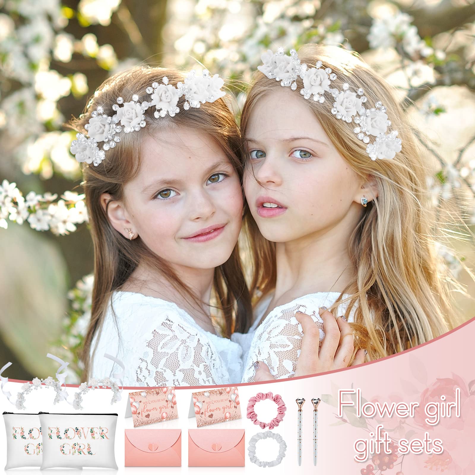 Eccliy 12-Piece Wedding Proposal Gift Set - Cosmetic Bag, Flower Girl Headpiece, Satin Scrunchies, Diamond Pens, Proposal Card & Envelope - Perfect for Weddings, Engagements & Bridal Parties | Great for Flower Girls, Bridesmaids & Proposal Surprises