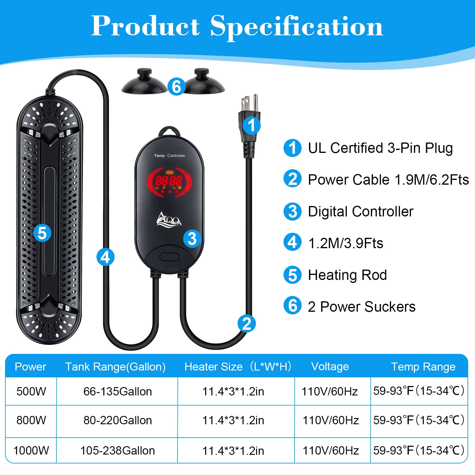 AQQA 500W Submersible Aquarium Heater for 66-135 Gallon Fish Tanks - Betta, Coral Marine & Freshwater Aquarium Thermostat (Ideal for Home, Office & Pet Store Aquariums)