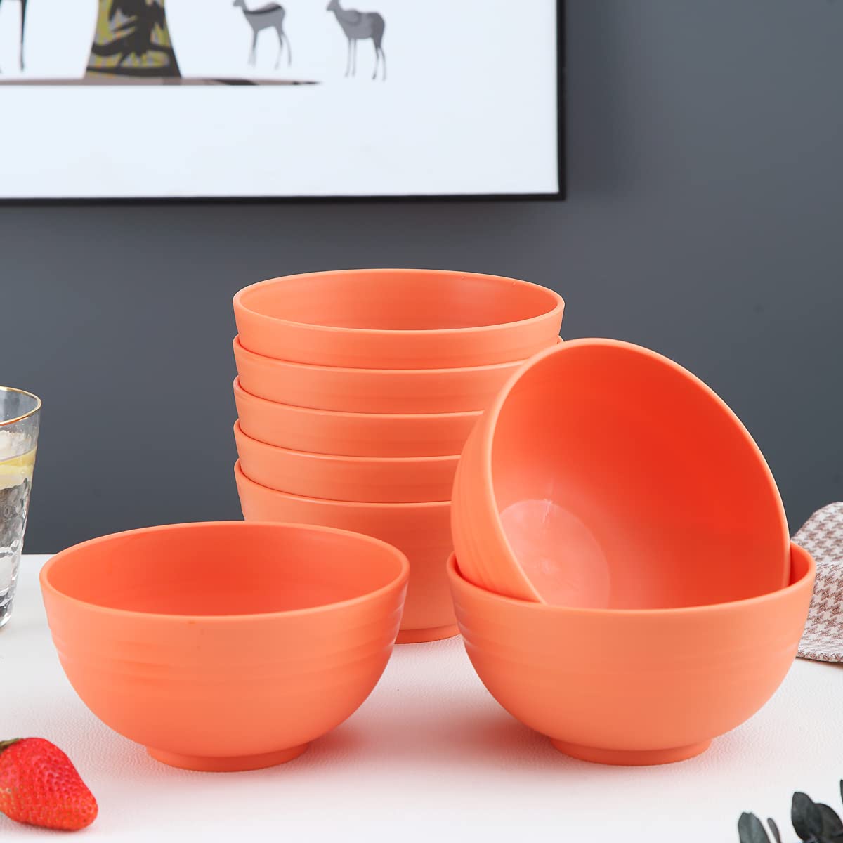 Kyraton 8-Piece Plastic Cereal Bowls 26oz - Unbreakable, Reusable & Lightweight BPA-Free Bowls for Rice, Noodles, Soup, Snacks, Salad & Fruit - Dishwasher Safe (Orange) - Perfect for Family Dinners, Picnics, Camping & Office Lunches