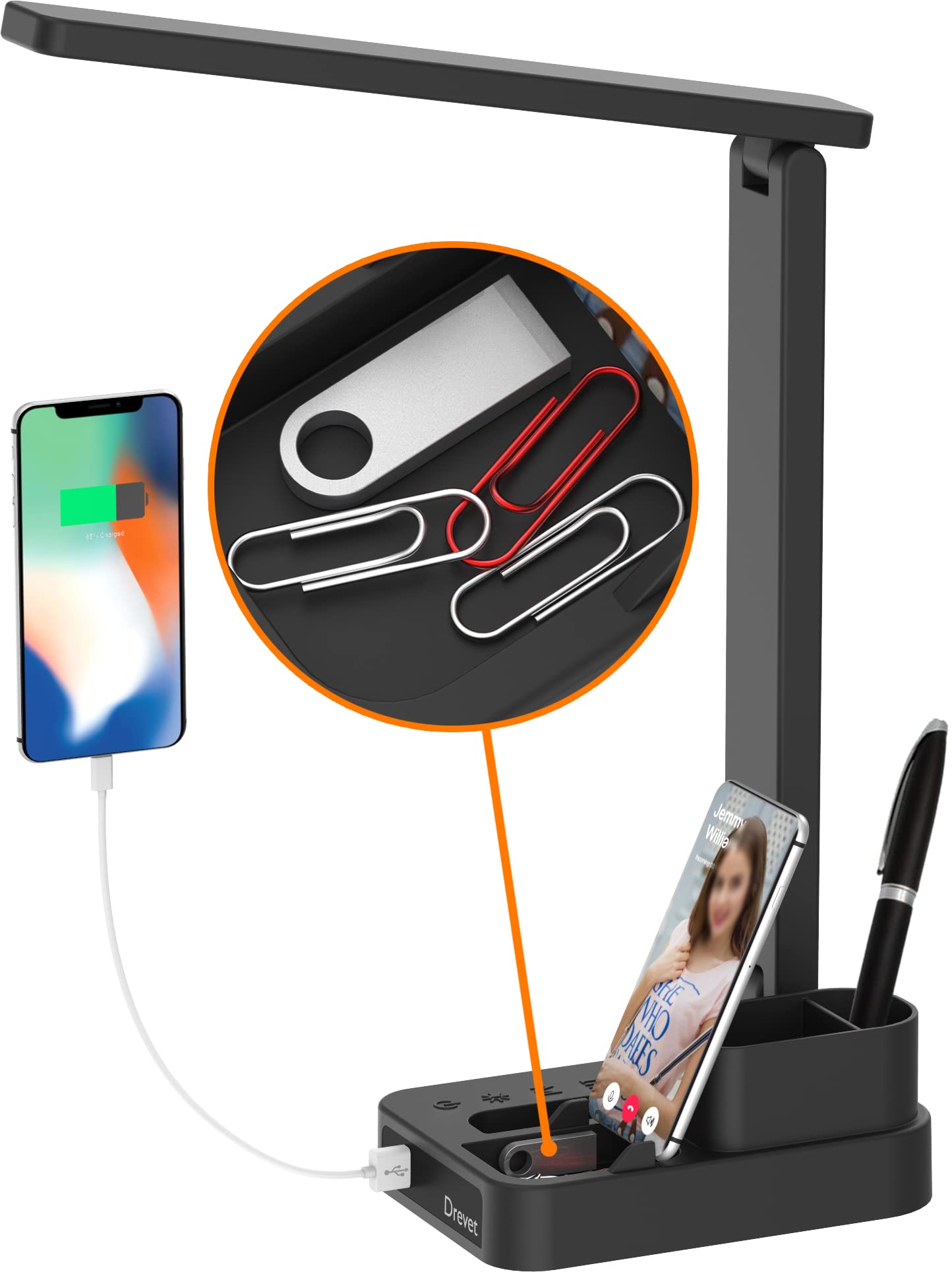 LED Desk Lamp with Pen Holder & USB Charging Port - 3 Lighting Modes, 3 Brightness Levels, 1H Timer, Touch Control Eye-Caring Study Light - Perfect for Dorm Rooms, Home Office & College Students (Black)