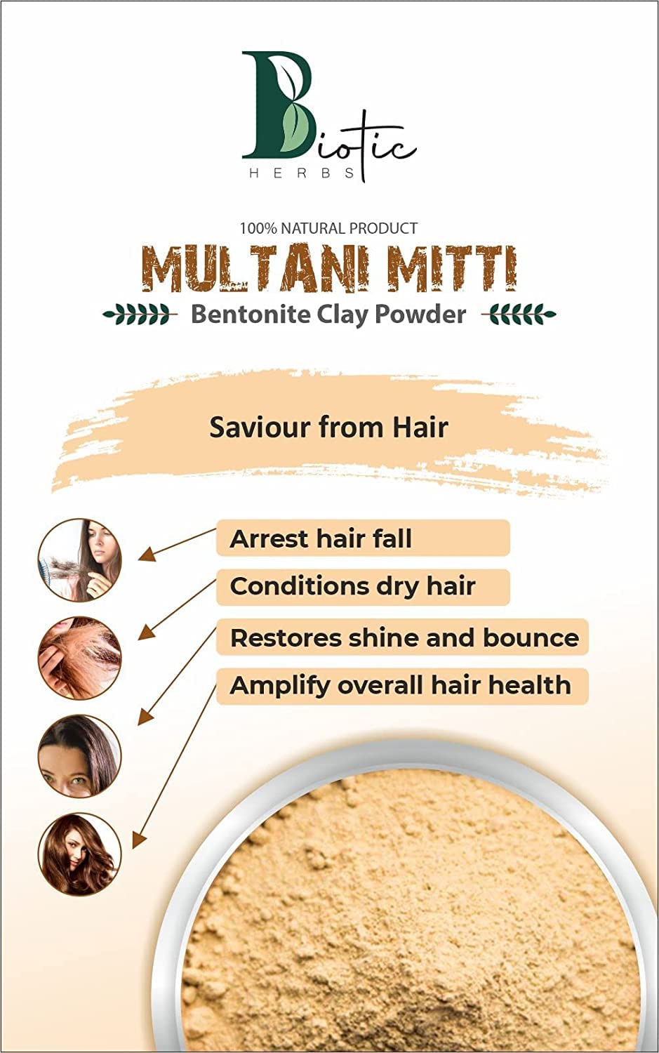 Biotic Herbs Organic Pure Multani Mitti Powder (Fuller's Earth) - 300g Bentonite Clay for Face, Skin & Hair Care | Natural Healing Clay Mask for Acne, Blackheads & Glowing Skin | DIY Spa & Beauty Treatments at Home