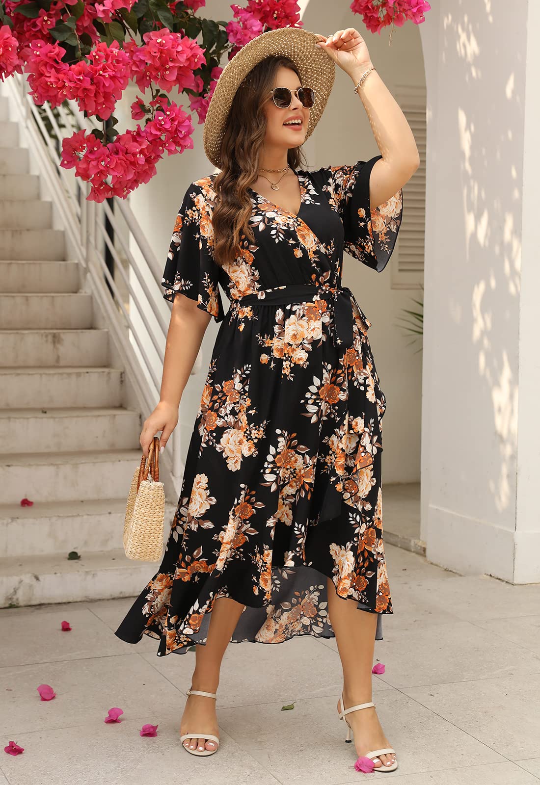 Keluummi Plus Size Wedding Guest Maxi Dress for Women - Flowy Boho Floral Wrap Dress with Sleeves & Pockets | Summer Casual Church, Garden Party & Beach Wedding Attire