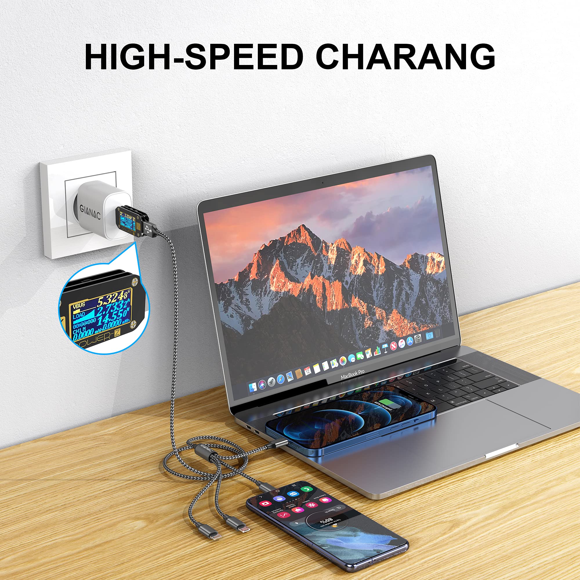 4-in-1 Multi Charger Cable with Lightning/Micro USB/USB-C - 1.2M Nylon Braided Fast Charging Cord for iPhone 12/11/XS, Samsung S20/S10/S9/S8, Huawei, Nexus, Nokia (Grey) - Perfect for Home, Office & Travel Charging Needs