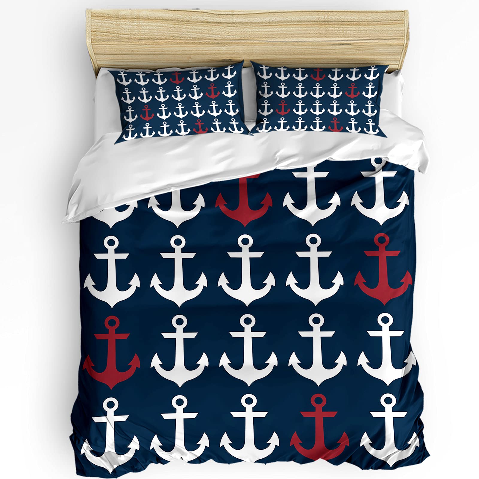 Nautical Anchor 3-Piece Duvet Cover Set - Navy & Red Soft Comforter Cover with Pillowcases, Full Size | Washable Bedding Set for Coastal Themed Bedroom Decor