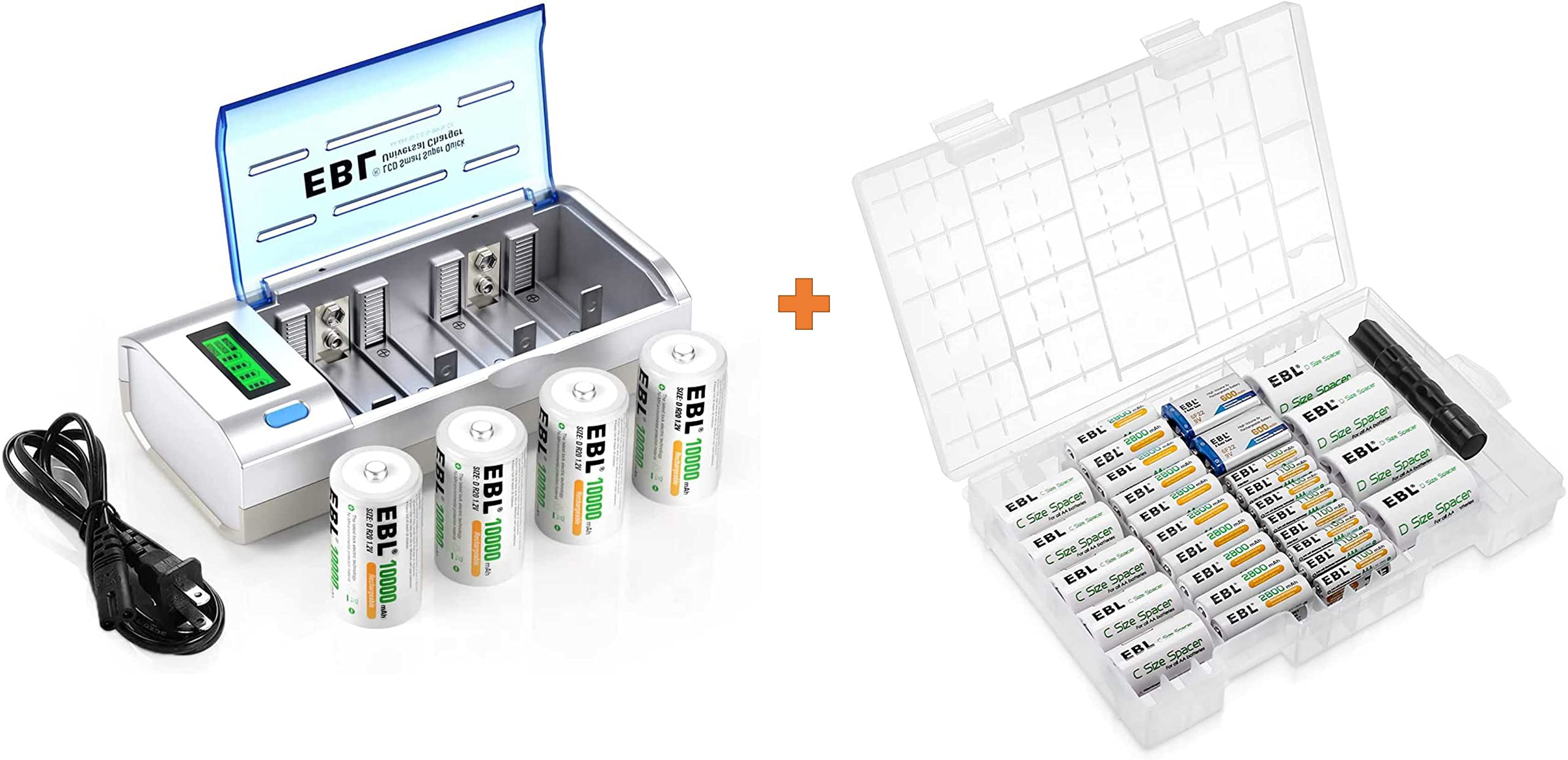 EBL Rechargeable Batteries Kit - 10000mAh D Batteries with C/AA/AAA/9V Battery Charger | Perfect for Digital Cameras, Toys, Flashlights & Emergency Power Supply