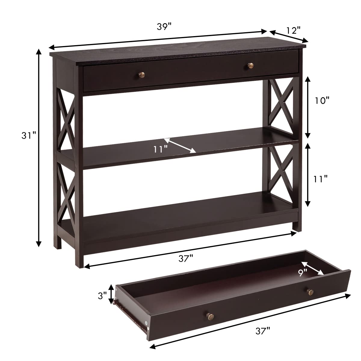 Giantex 3-Tier Console Table with Drawer & Storage Shelves - X-Design Entryway Table for Hallway, Living Room & Bedroom - Sofa Side Table in Espresso Finish | Perfect for Small Space Organization & Home Decor