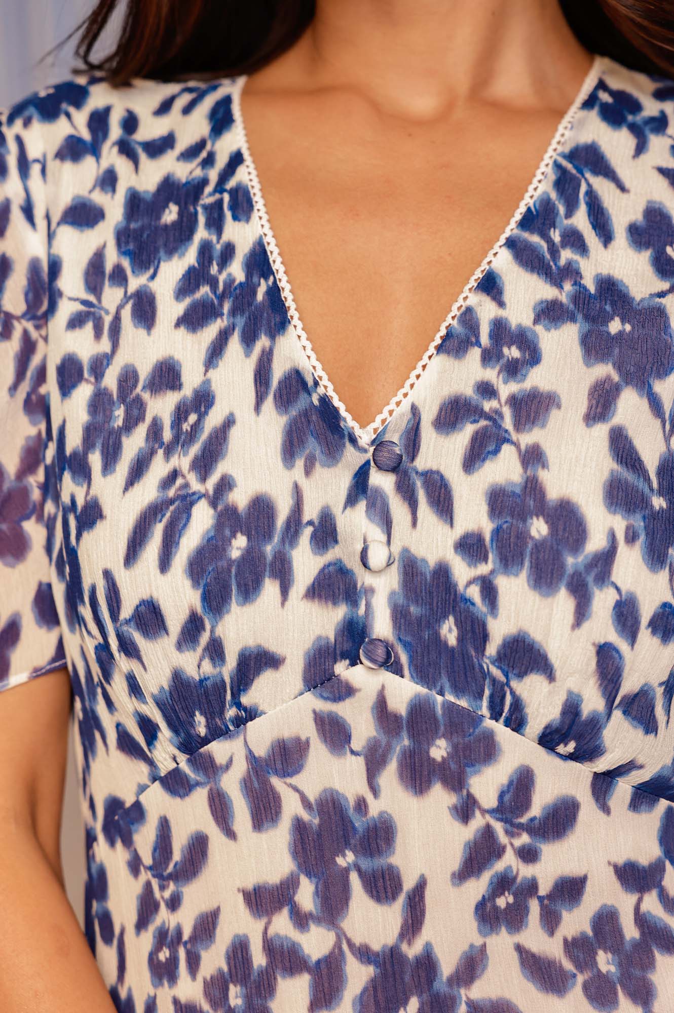 Ellery Floral Print Dress for Women - Blossom Cream & Navy Blue - Perfect for Spring Weddings, Garden Parties & Summer Outings