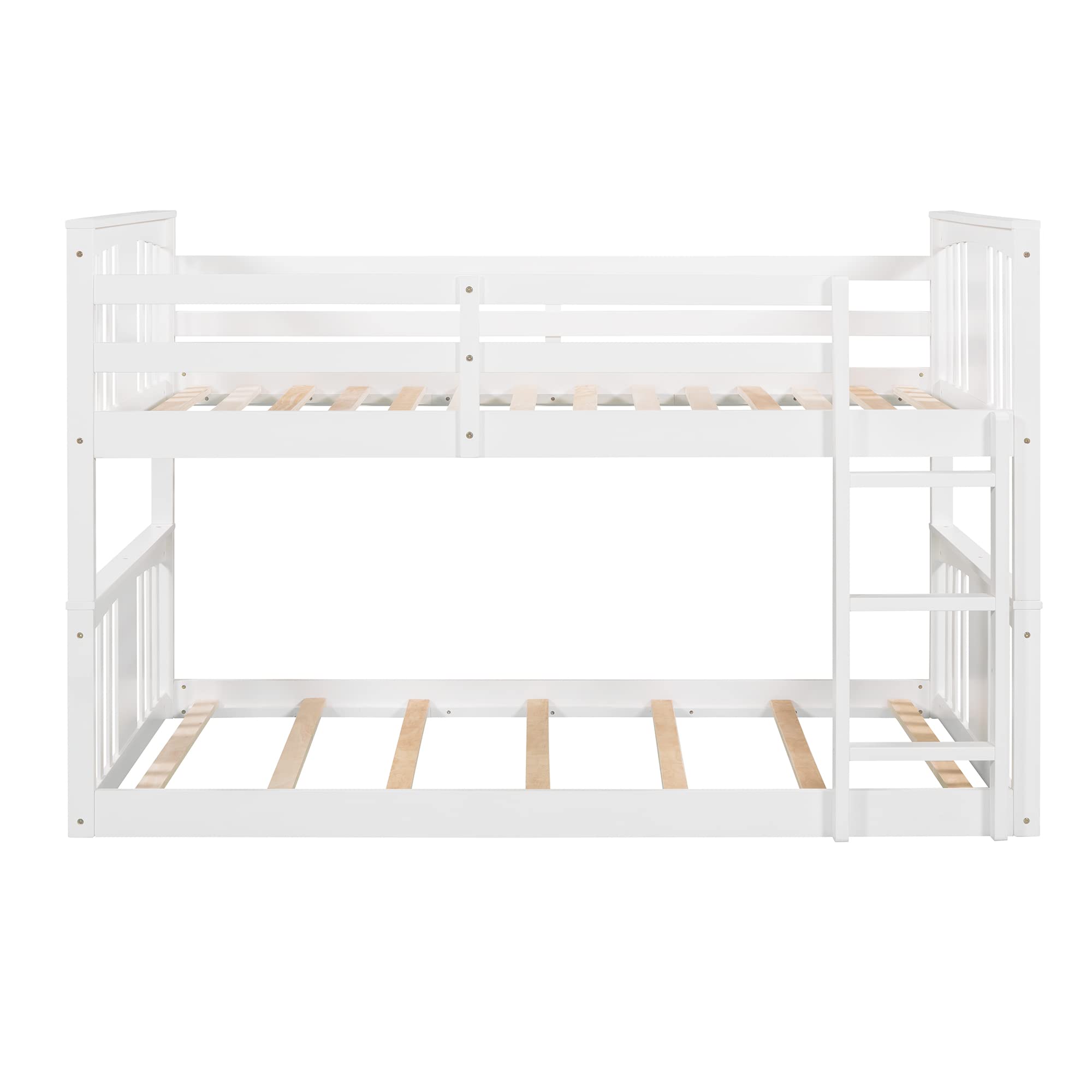 Wooden Twin Over Twin Kids Bunk Bed with Ladder - Low Profile White Bunk Bed Frame for Children's Room, Sleepovers & Small Spaces