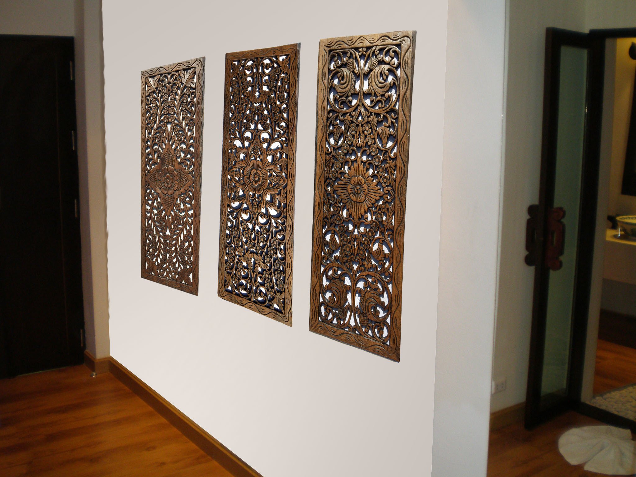 Hand Carved Wood Wall Panel - Floral Decor 35.5x13.5 Inches for Home & Office