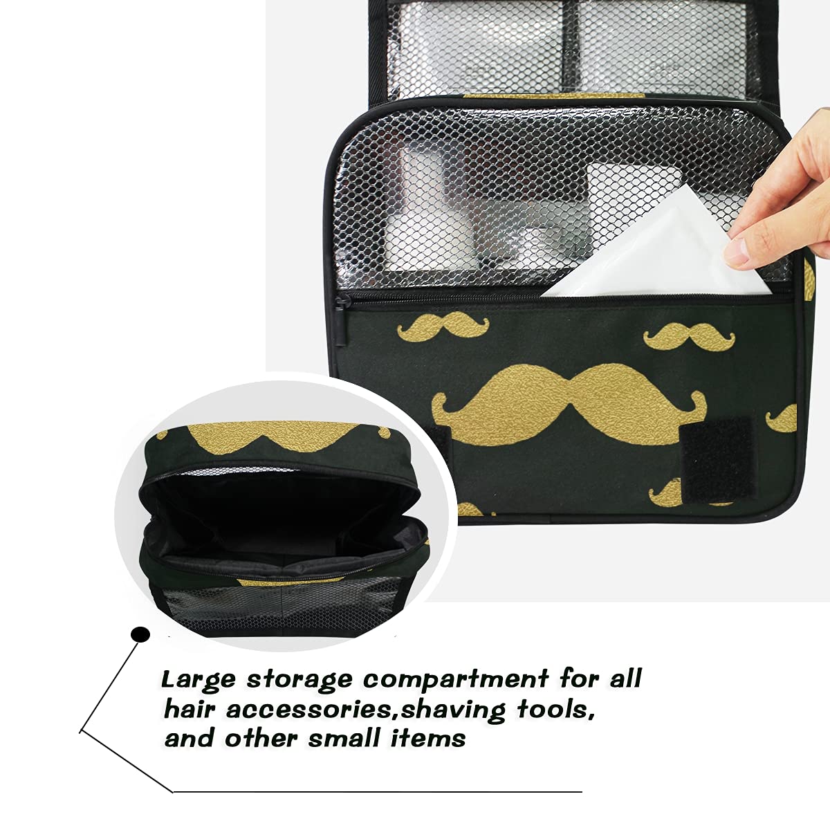 Susiyo Hanging Toiletry Bag - Gold Mustache Travel Cosmetic Organizer for Women | Waterproof Makeup Bag for Bathroom, Gym & Vacation Essentials