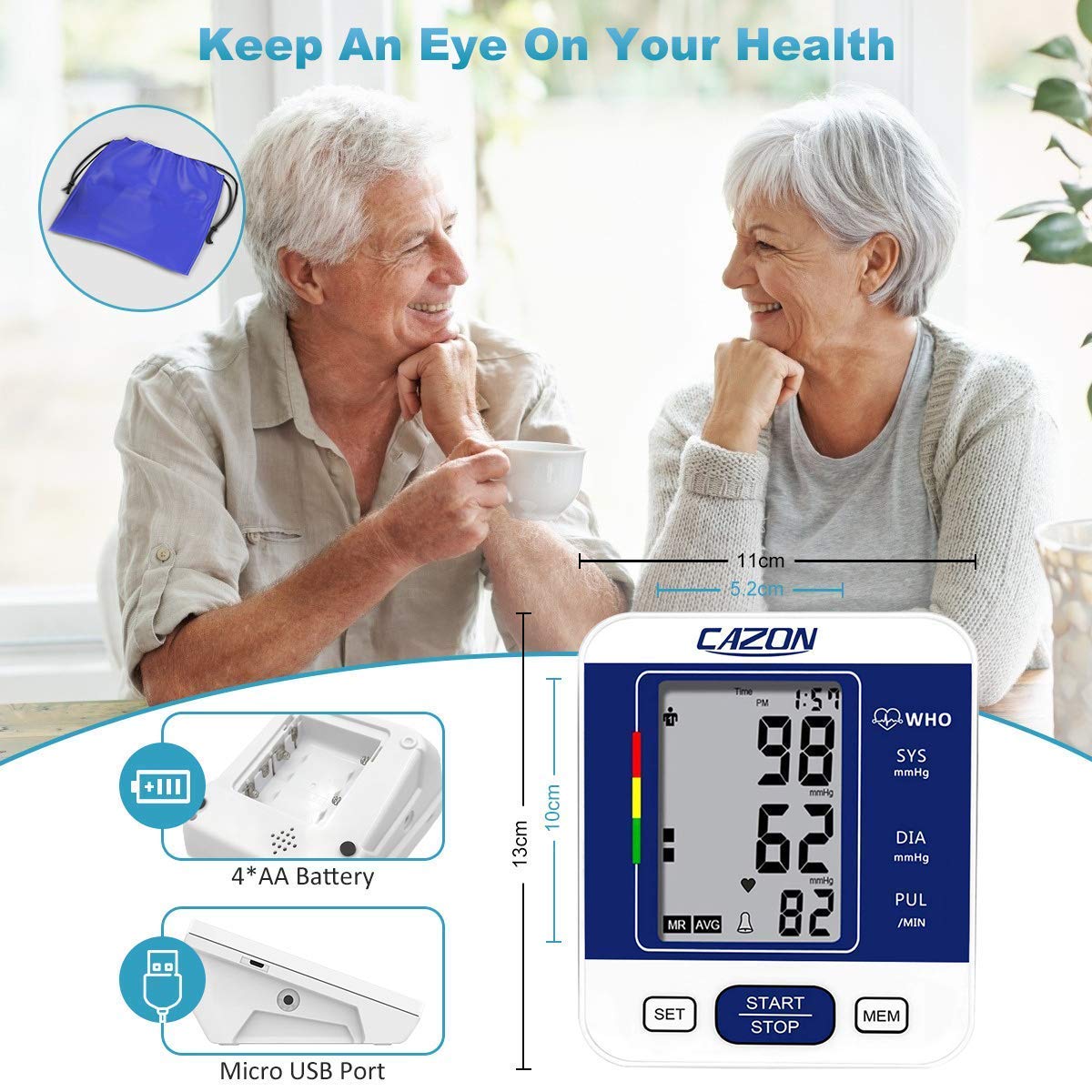 CAZON Large Cuff Blood Pressure Monitor for Home Use - Upper Arm BP Machine with 22-40cm Cuff, LCD Display & Heart Rate Tracking - Ideal for Hypertension Management & Health Monitoring (Blue)