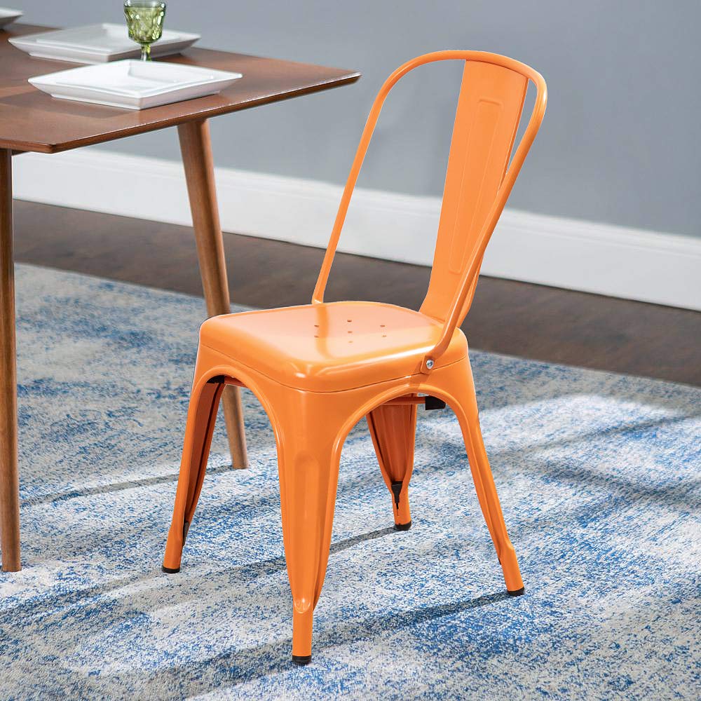 Devoko 4-Piece Stackable Metal Indoor-Outdoor Dining Chairs - Distressed Orange Kitchen & Side Chairs with Back Support | Perfect for Patio, Restaurant, Cafe & Home Dining
