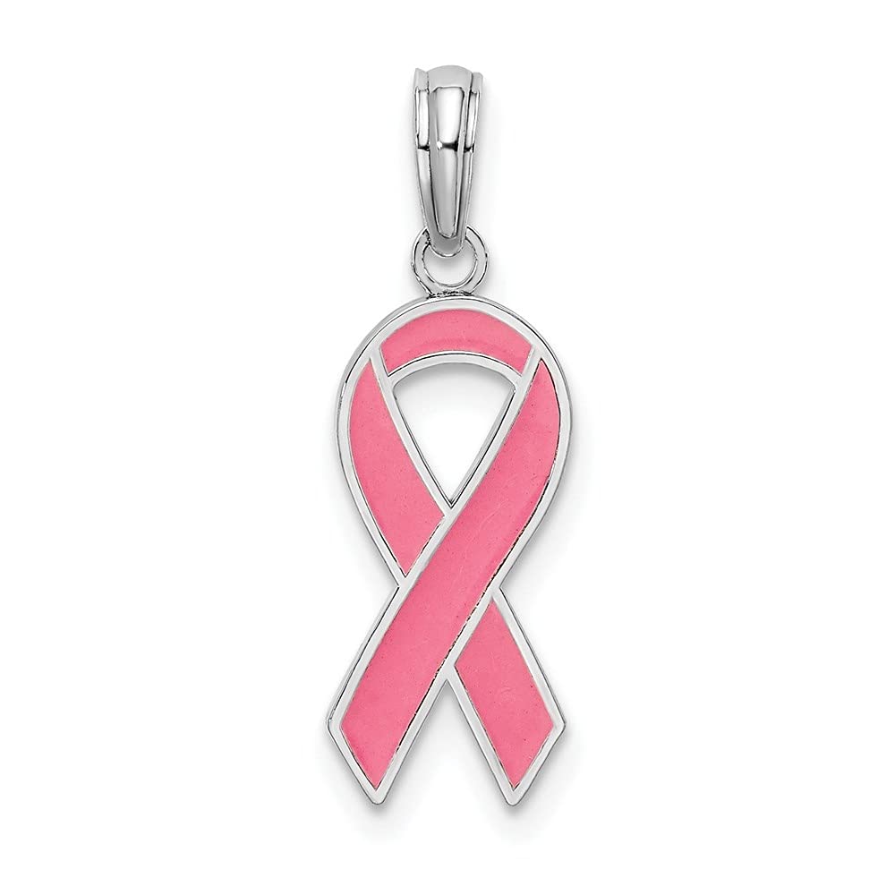 925 Sterling Silver Pink Ribbon Enamel Pendant Necklace for Women - 17mm x 6mm Breast Cancer Awareness Jewelry Gift for Mom, Sister, Survivor - Perfect for Charity Events, Fundraisers & Everyday Wear