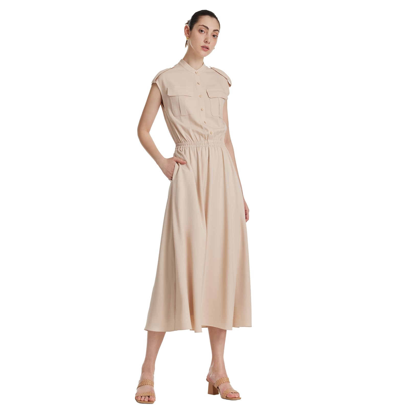 Women's V-Neck Short Sleeve Maxi Shirt Dress with Gathered Waist & Pockets - Flowy Casual Summer Dress for Beach, Office & Everyday Wear
