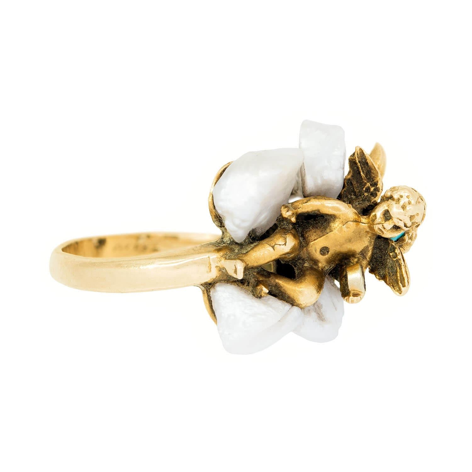14K Gold Vintage Turquoise Diamond Pearl Angel Cherub Ring - Elegant Jewelry for Women, Perfect Gift for Valentine's Day, Anniversary & Special Occasions