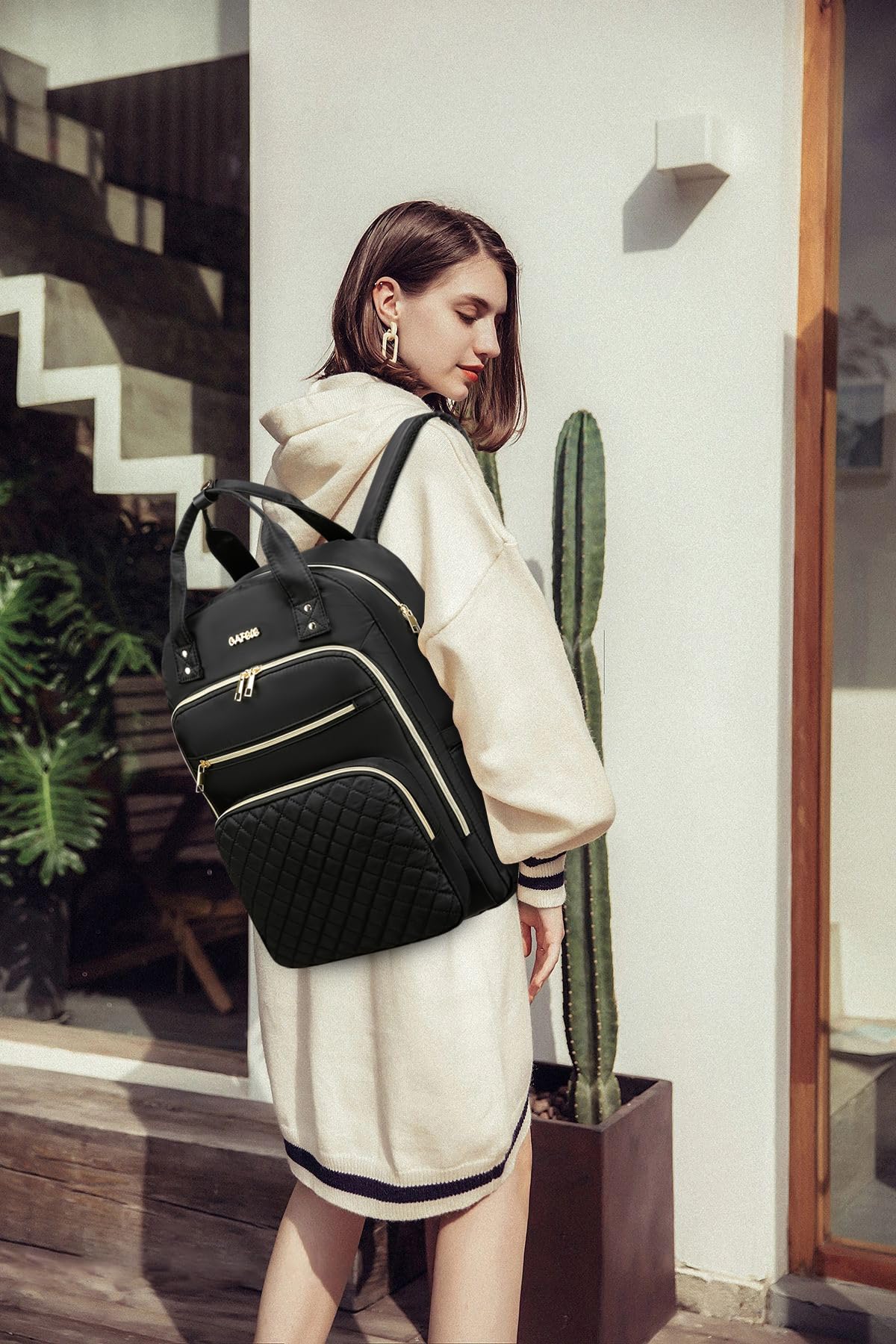 CAFELE Women's Convertible Backpack with USB Charging Port - 17.3 Inch Anti-Theft Laptop Backpack for College, Work & Travel | Stylish Shoulder Purse & Business Bag (Quilted Black) - Perfect for Commuting, Office, School, Campus Life & Daily Use | Great for Professionals, Students & Teachers | Ideal for Business Meetings, Coffee Shops, Air Travel & Urban Lifestyle